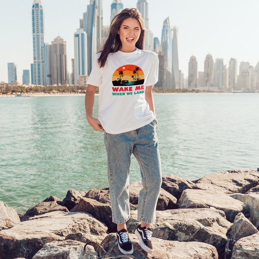 Wake Me When We Land T-Shirt - Funny Jet Lag Travel Retro Sunset Tee