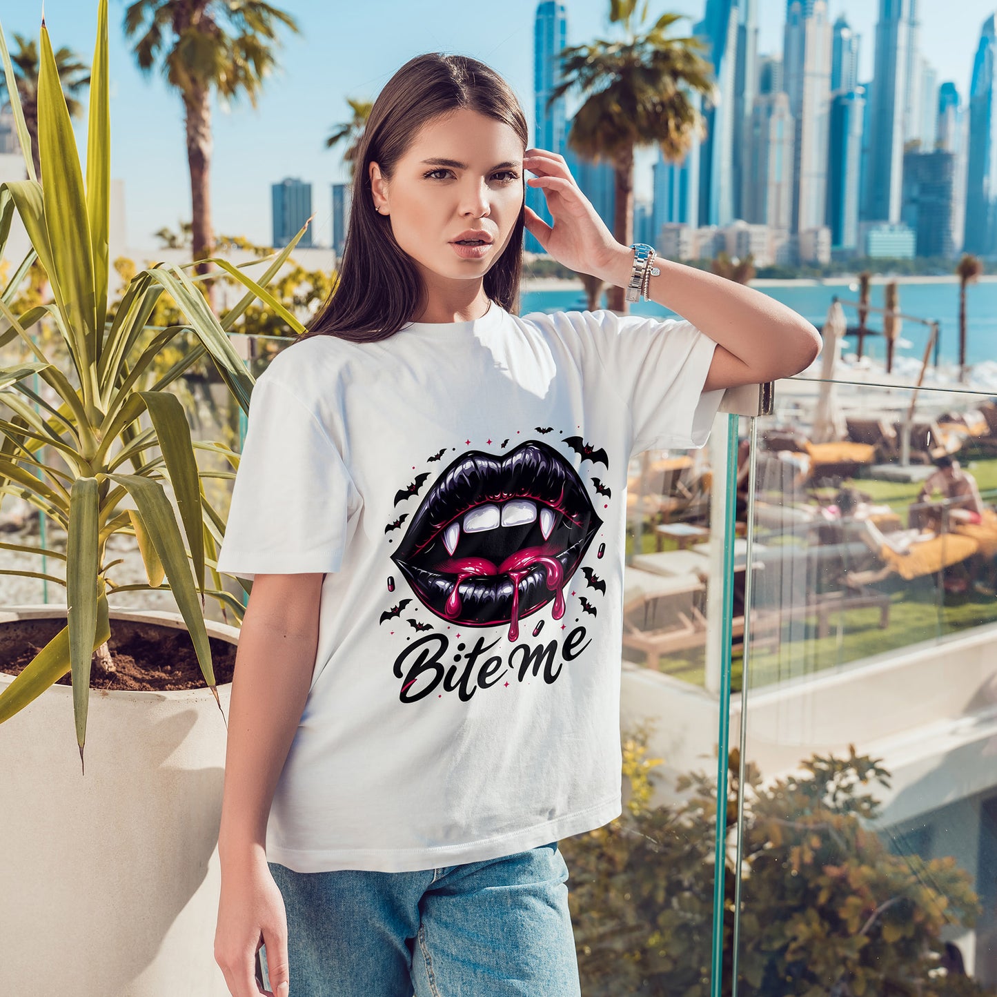 Bite Me Vampire Lips T-Shirt - Gothic Fangs & Bats Halloween Tee