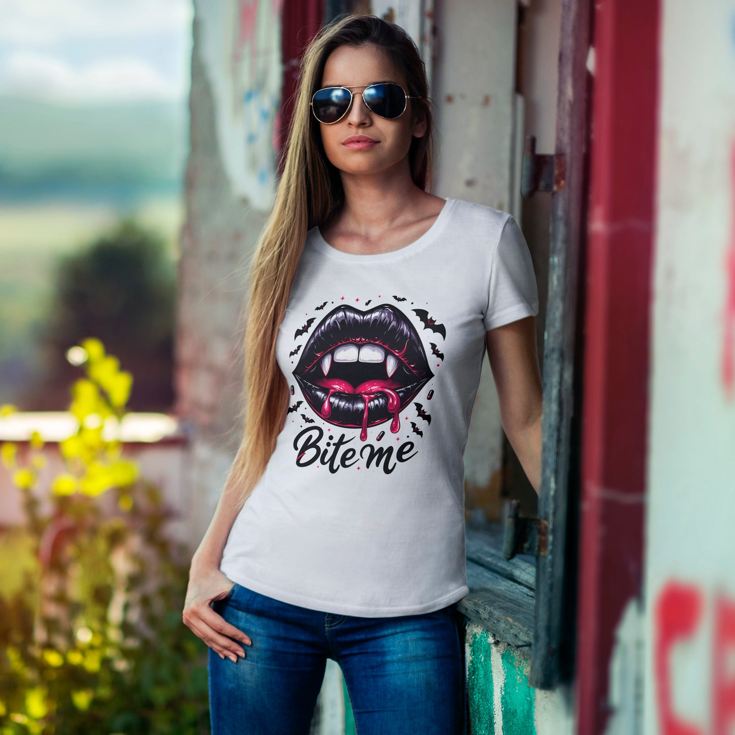 Bite Me Vampire Lips T-Shirt - Gothic Fangs & Bats Halloween Tee