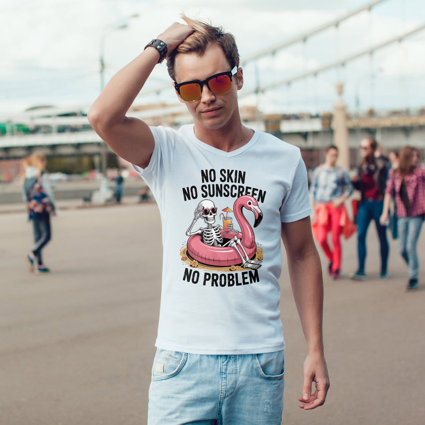 No Skin No Sunscreen T-Shirt - Skeleton Flamingo Summer Tee
