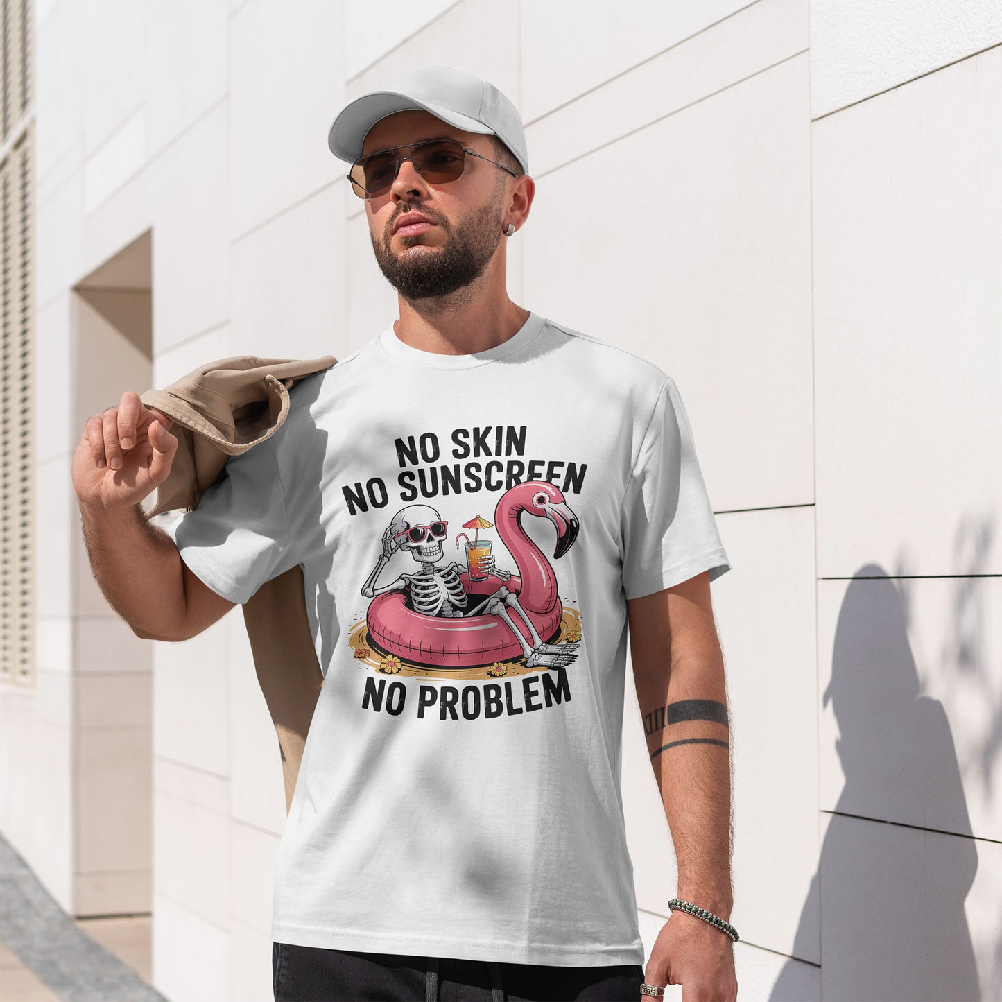 No Skin No Sunscreen T-Shirt - Skeleton Flamingo Summer Tee