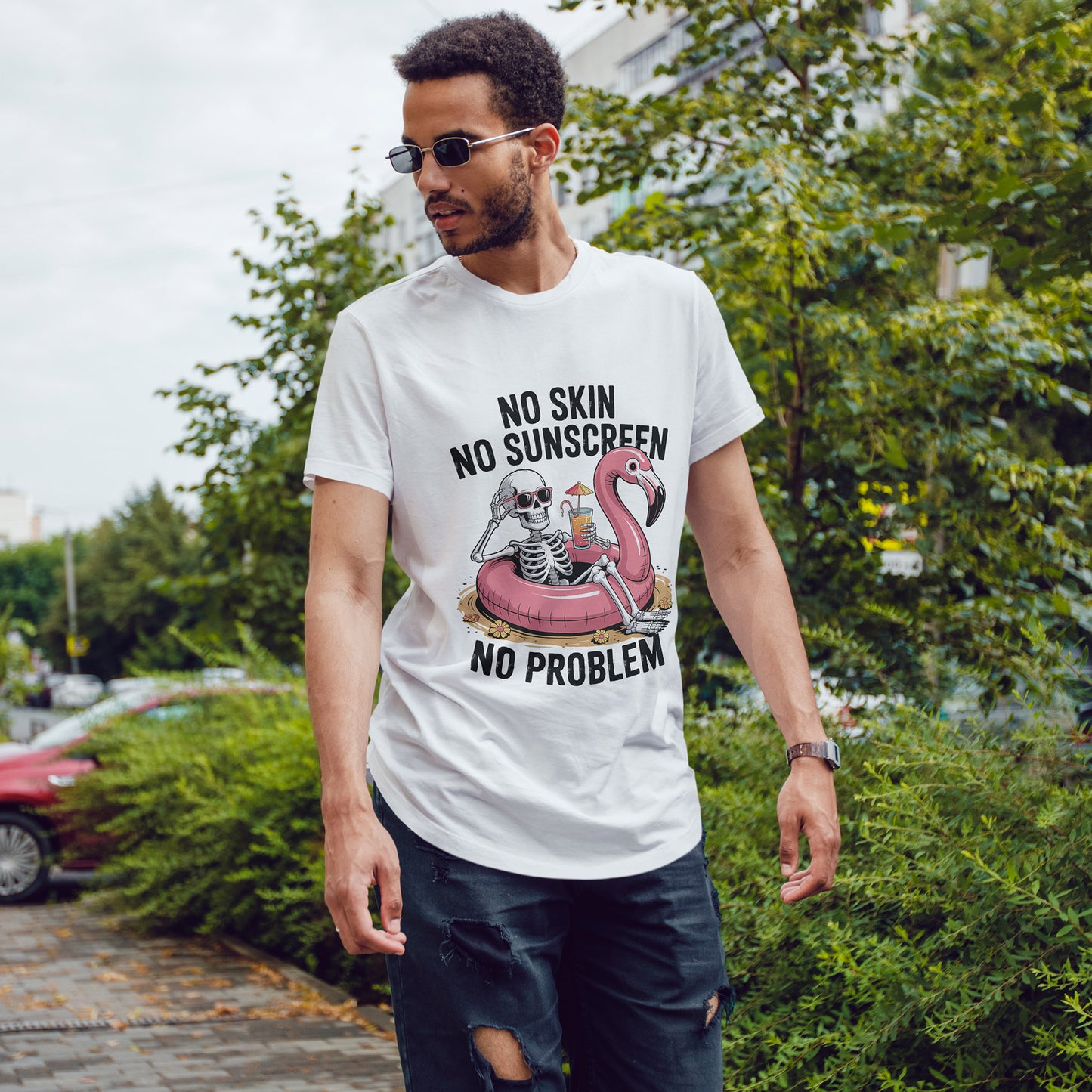 No Skin No Sunscreen T-Shirt - Skeleton Flamingo Summer Tee