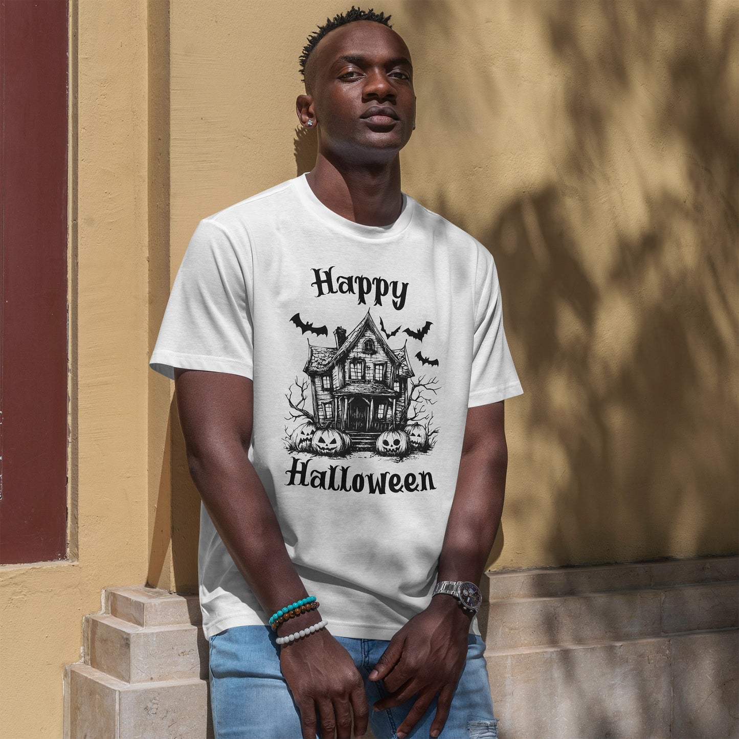Vintage Haunted House Halloween T-Shirt - Gothic Pumpkins & Bats Tee