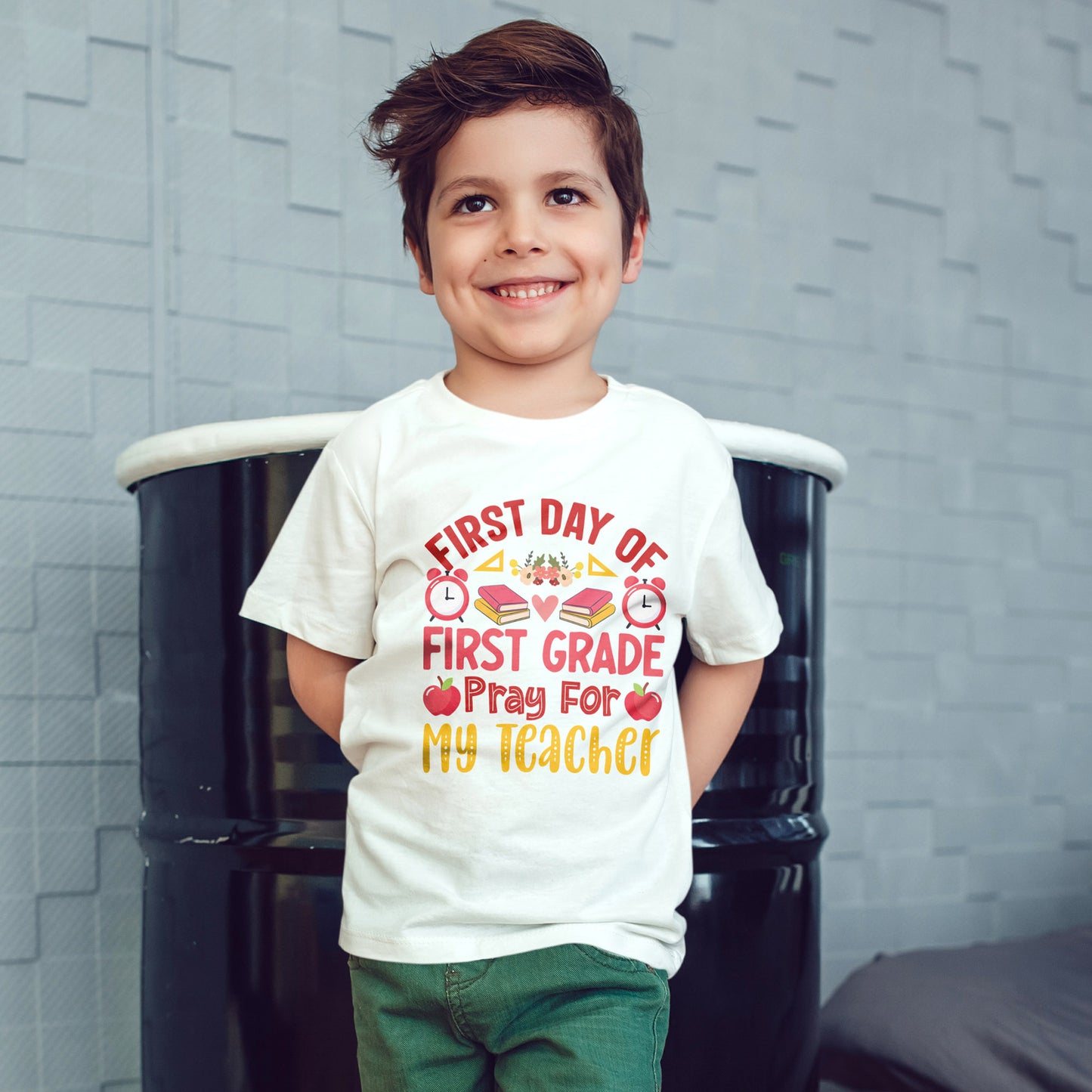 First Day of First Grade Shirt - Funny Toddler Back to School Tee, Pray for My Teacher T-Shirt, 1st Grade Humor Gift