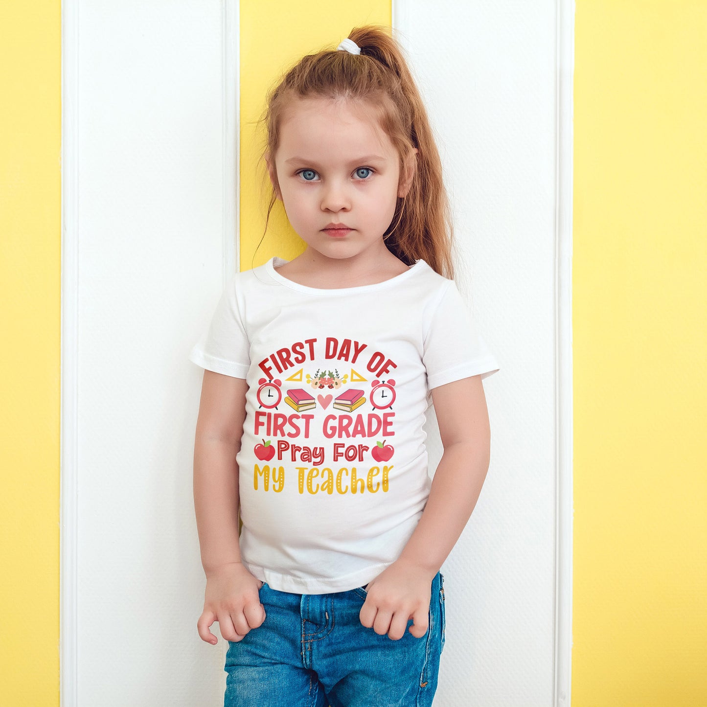 First Day of First Grade Shirt - Funny Toddler Back to School Tee, Pray for My Teacher T-Shirt, 1st Grade Humor Gift