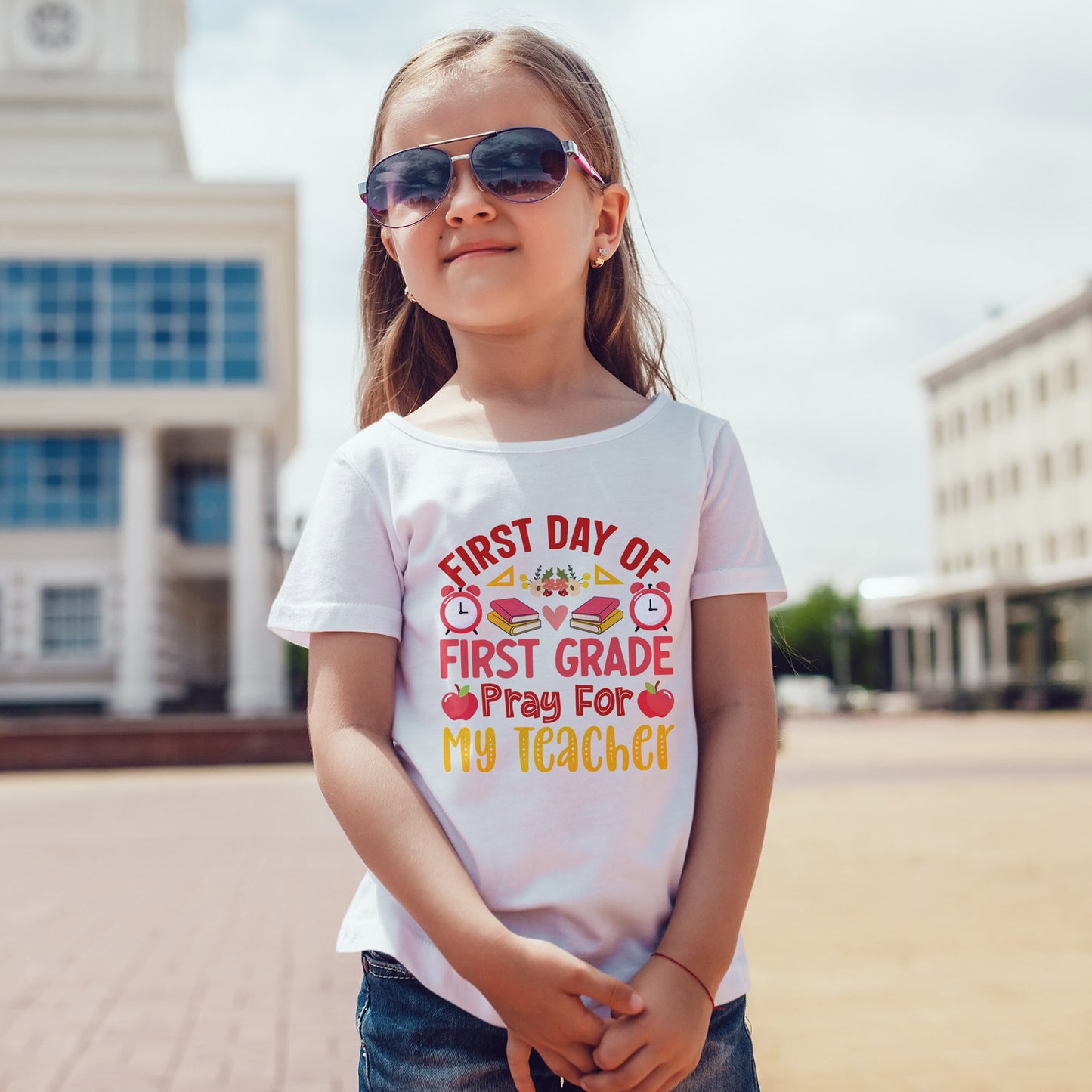 First Day of First Grade Shirt - Funny Toddler Back to School Tee, Pray for My Teacher T-Shirt, 1st Grade Humor Gift