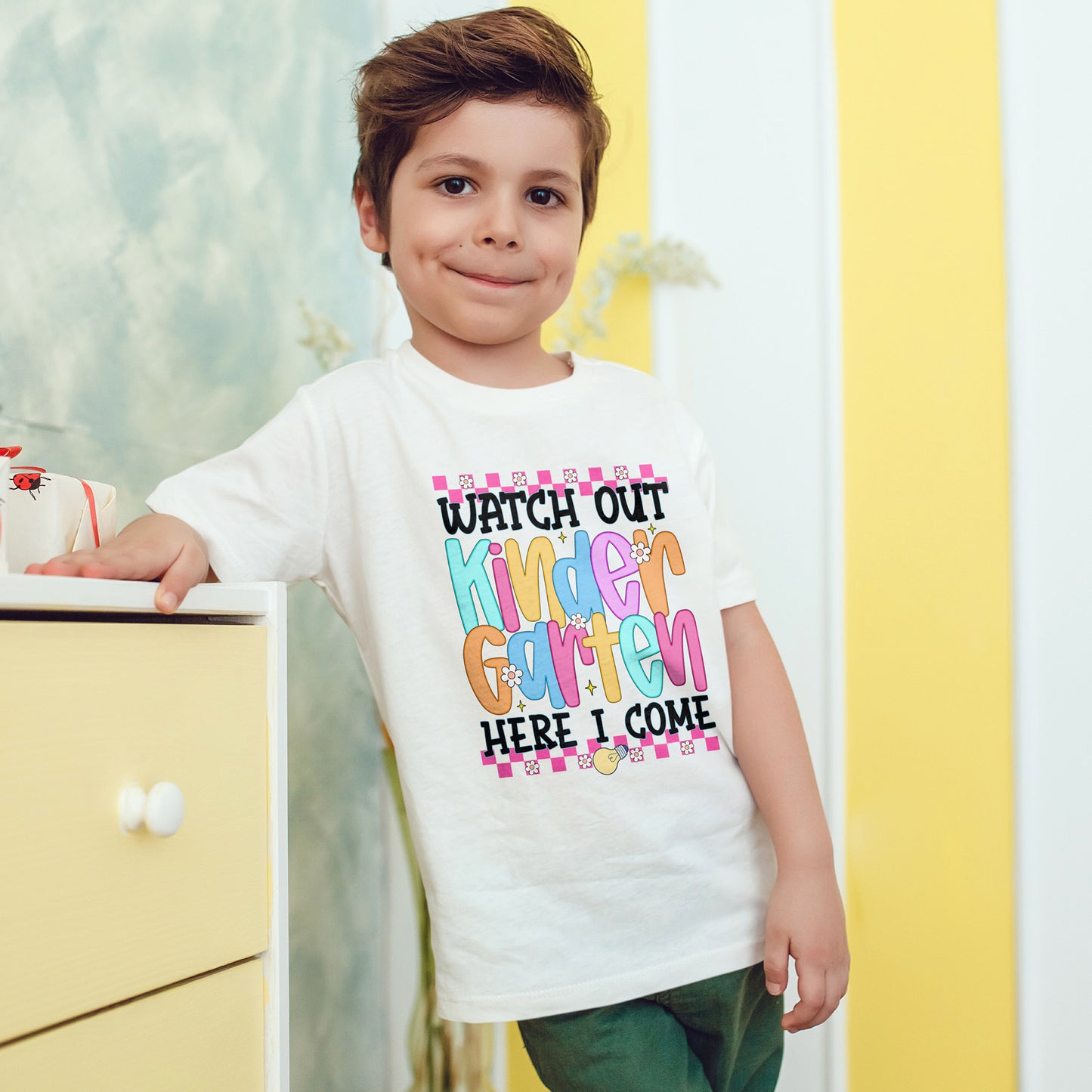 Watch Out Kindergarten Shirt - Fun Toddler Back to School Tee, Colorful First Day of Kindergarten Outfit, Here I Come Shirt for Kids