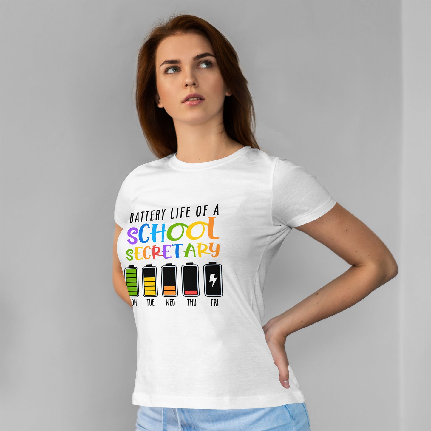School Secretary Battery Shirt - Funny Rainbow Staff Tee for School Office Life, End of Year Exhaustion Gift for Secretaries
