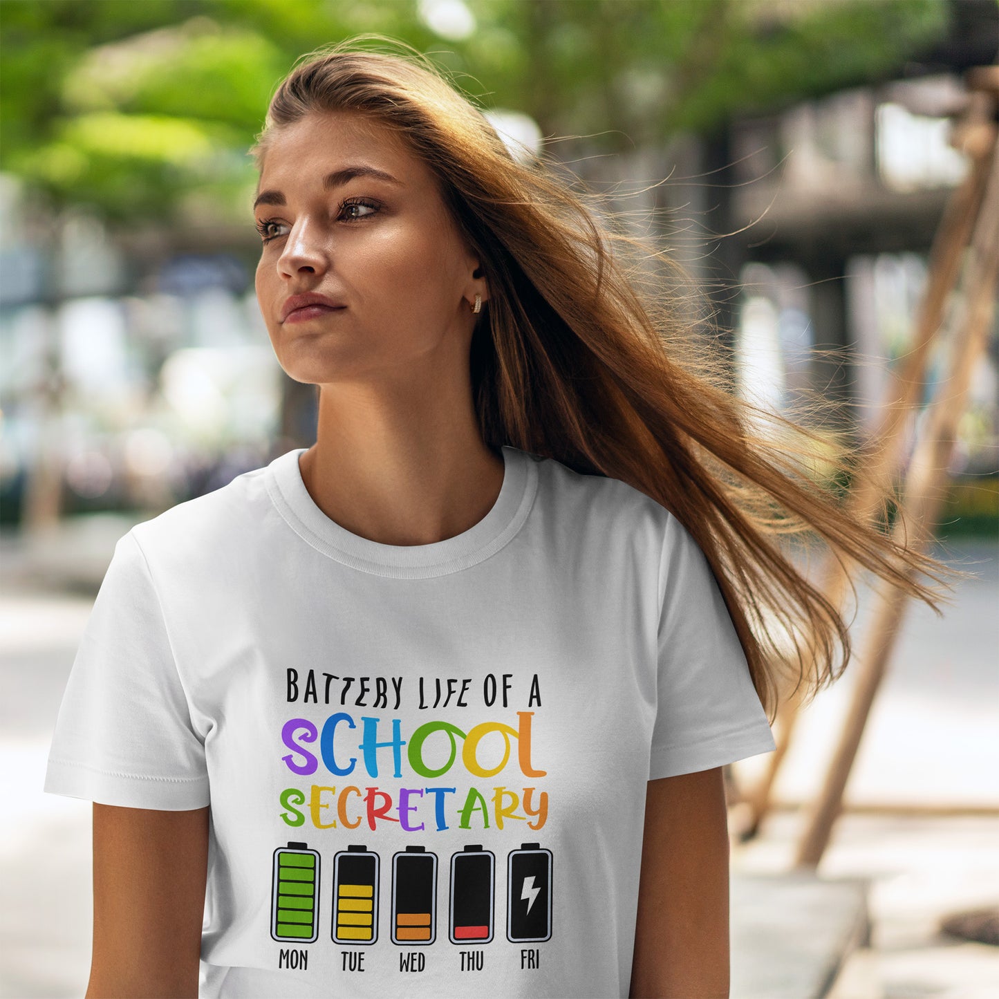 School Secretary Battery Shirt - Funny Rainbow Staff Tee for School Office Life, End of Year Exhaustion Gift for Secretaries