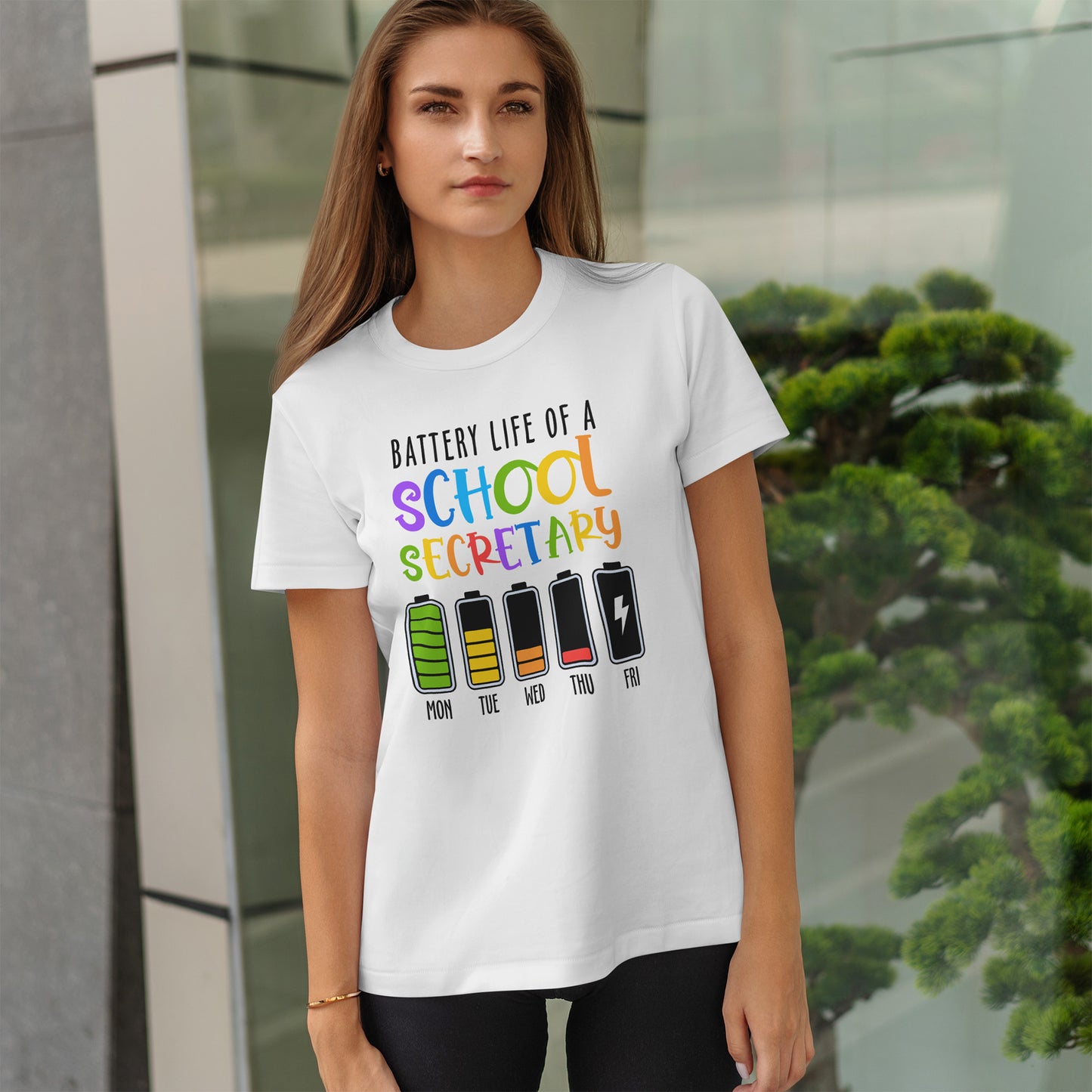 School Secretary Battery Shirt - Funny Rainbow Staff Tee for School Office Life, End of Year Exhaustion Gift for Secretaries