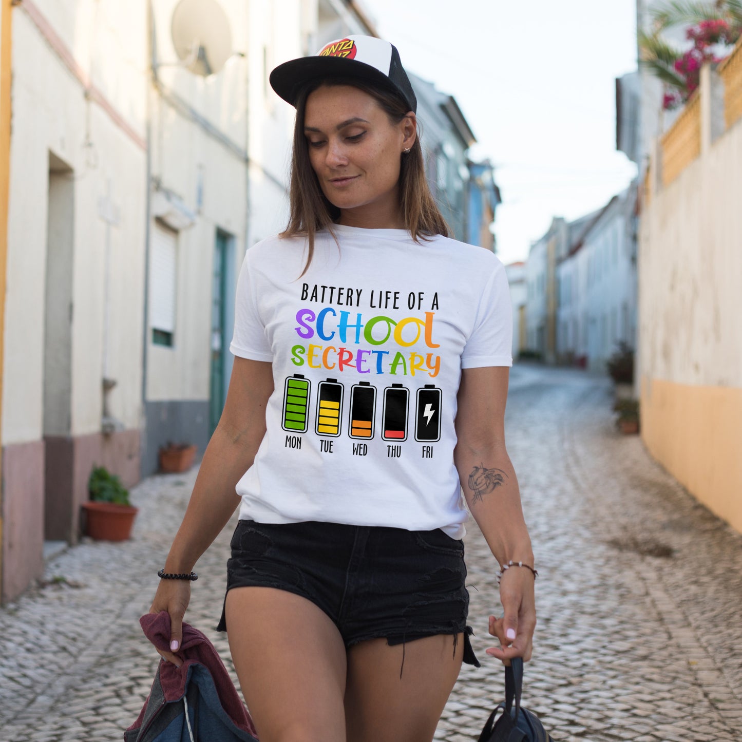 School Secretary Battery Shirt - Funny Rainbow Staff Tee for School Office Life, End of Year Exhaustion Gift for Secretaries