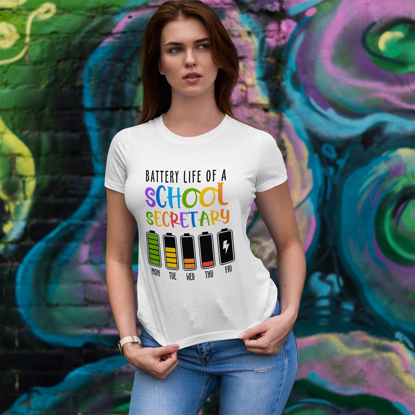 School Secretary Battery Shirt - Funny Rainbow Staff Tee for School Office Life, End of Year Exhaustion Gift for Secretaries