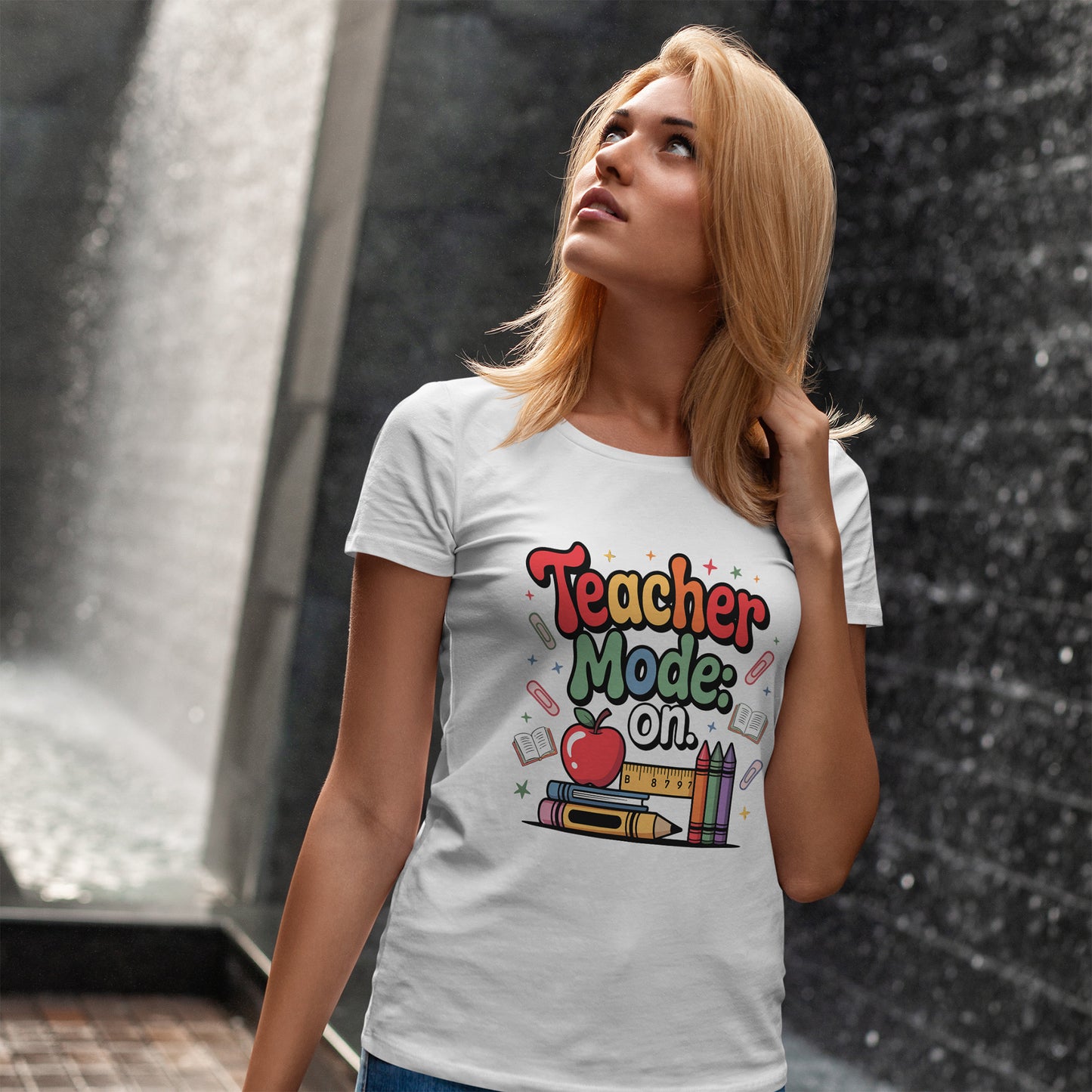 Teacher Mode On Shirt - Cute Back to School Tee with Crayons, Books & Apple, Positive Teacher Gift for Classroom Heroes