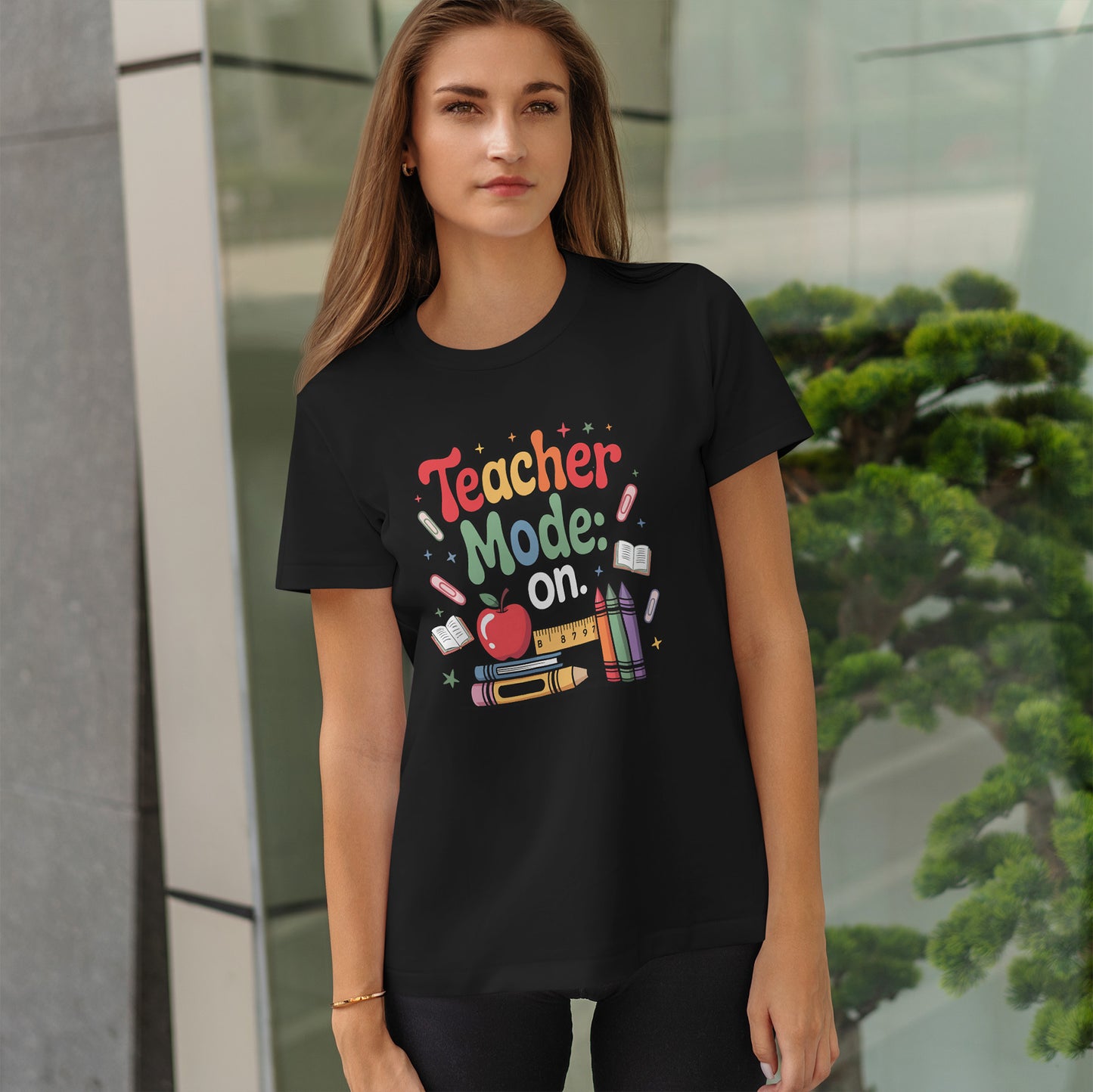 Teacher Mode On Shirt - Cute Back to School Tee with Crayons, Books & Apple, Positive Teacher Gift for Classroom Heroes