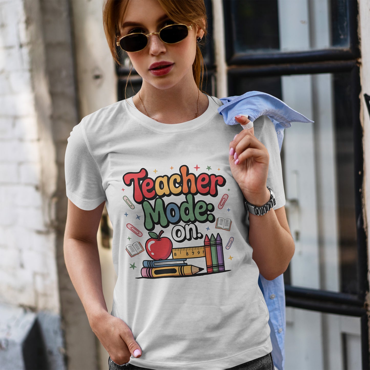 Teacher Mode On Shirt - Cute Back to School Tee with Crayons, Books & Apple, Positive Teacher Gift for Classroom Heroes
