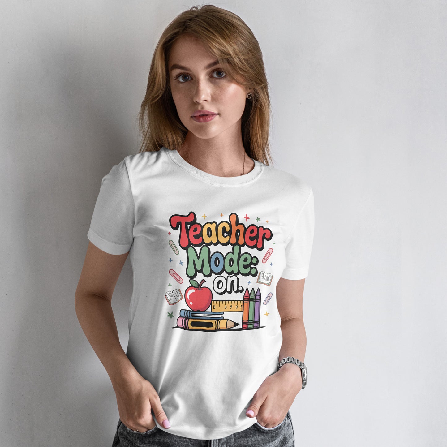 Teacher Mode On Shirt - Cute Back to School Tee with Crayons, Books & Apple, Positive Teacher Gift for Classroom Heroes