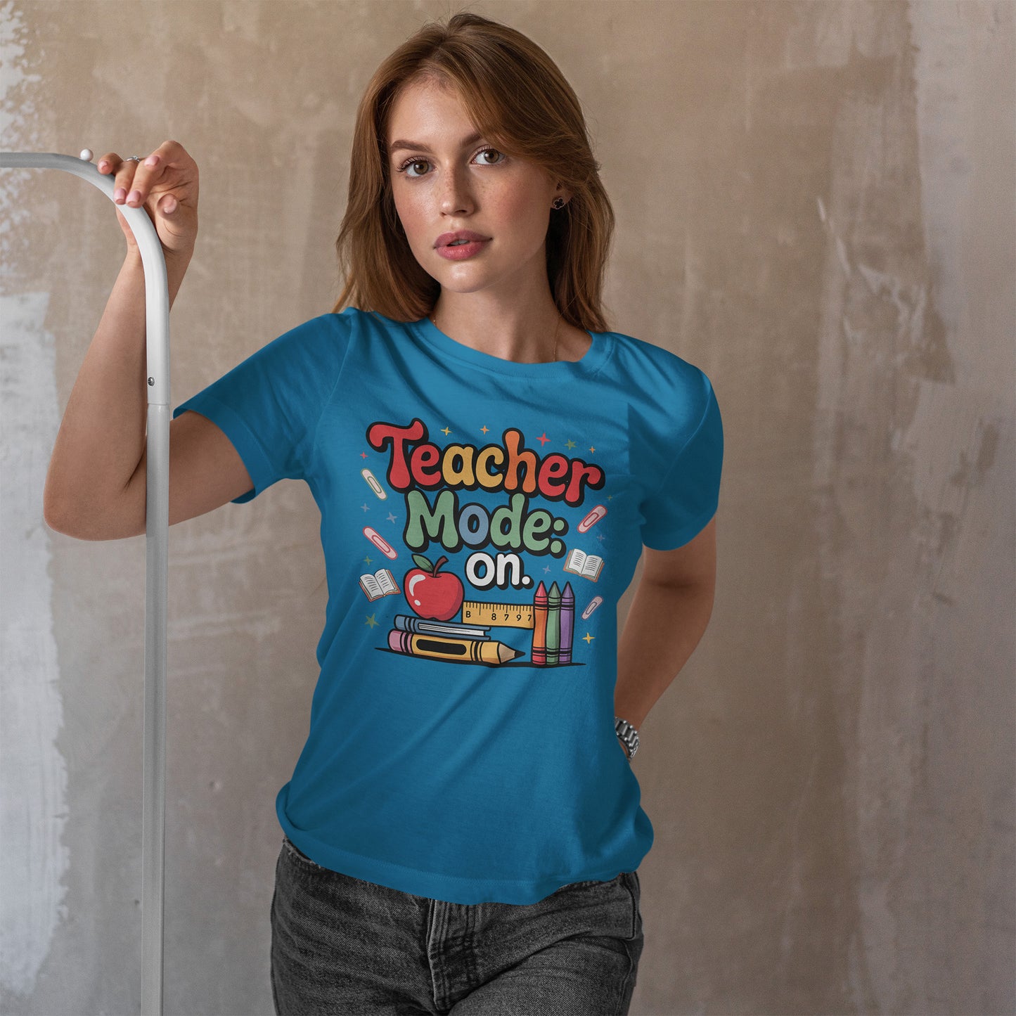 Teacher Mode On Shirt - Cute Back to School Tee with Crayons, Books & Apple, Positive Teacher Gift for Classroom Heroes