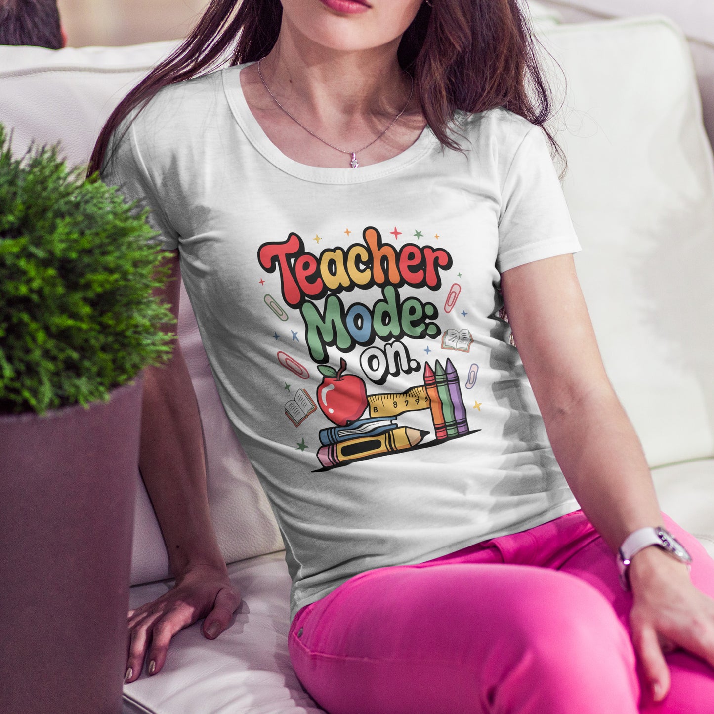 Teacher Mode On Shirt - Cute Back to School Tee with Crayons, Books & Apple, Positive Teacher Gift for Classroom Heroes