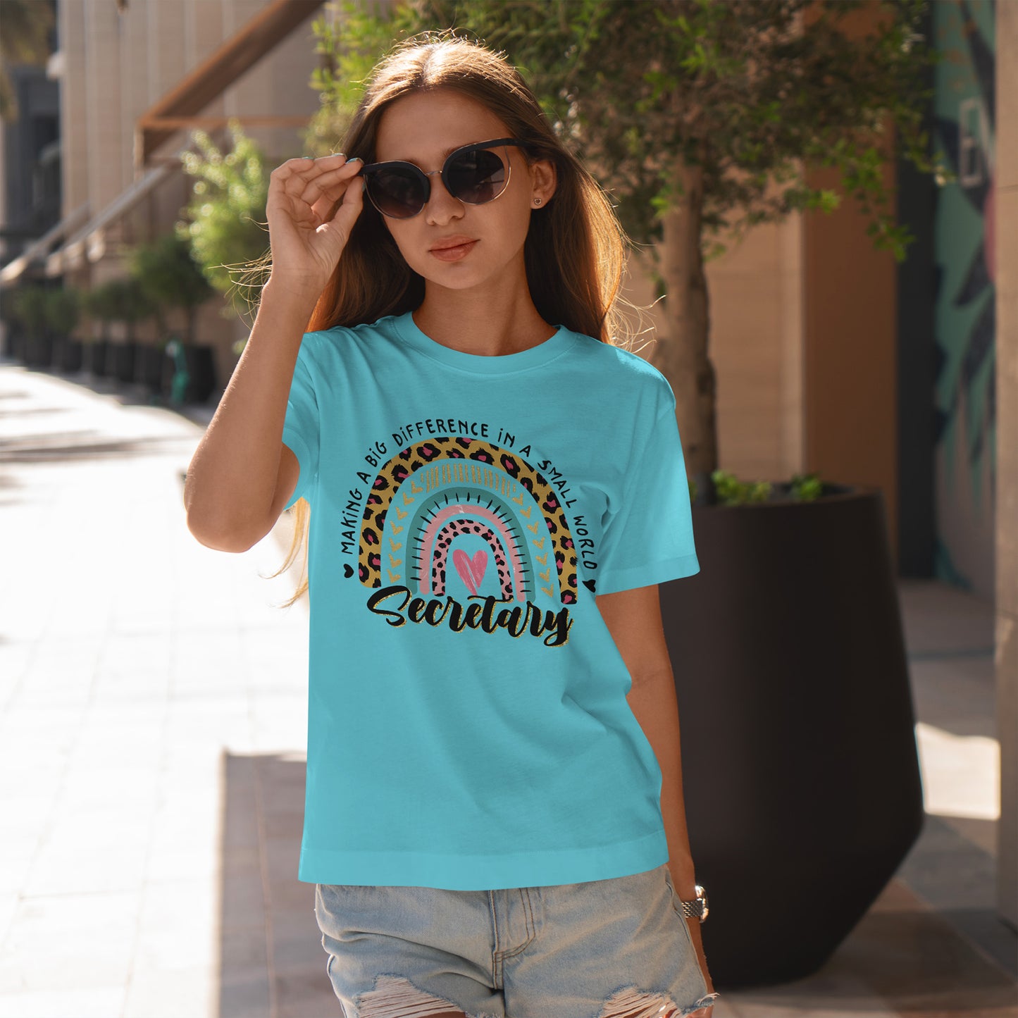 Secretary Rainbow Shirt - Cute Leopard Print Office Tee for Secretaries, Glam Animal Print Heart Gift, Boho Office Assistant T-Shirt