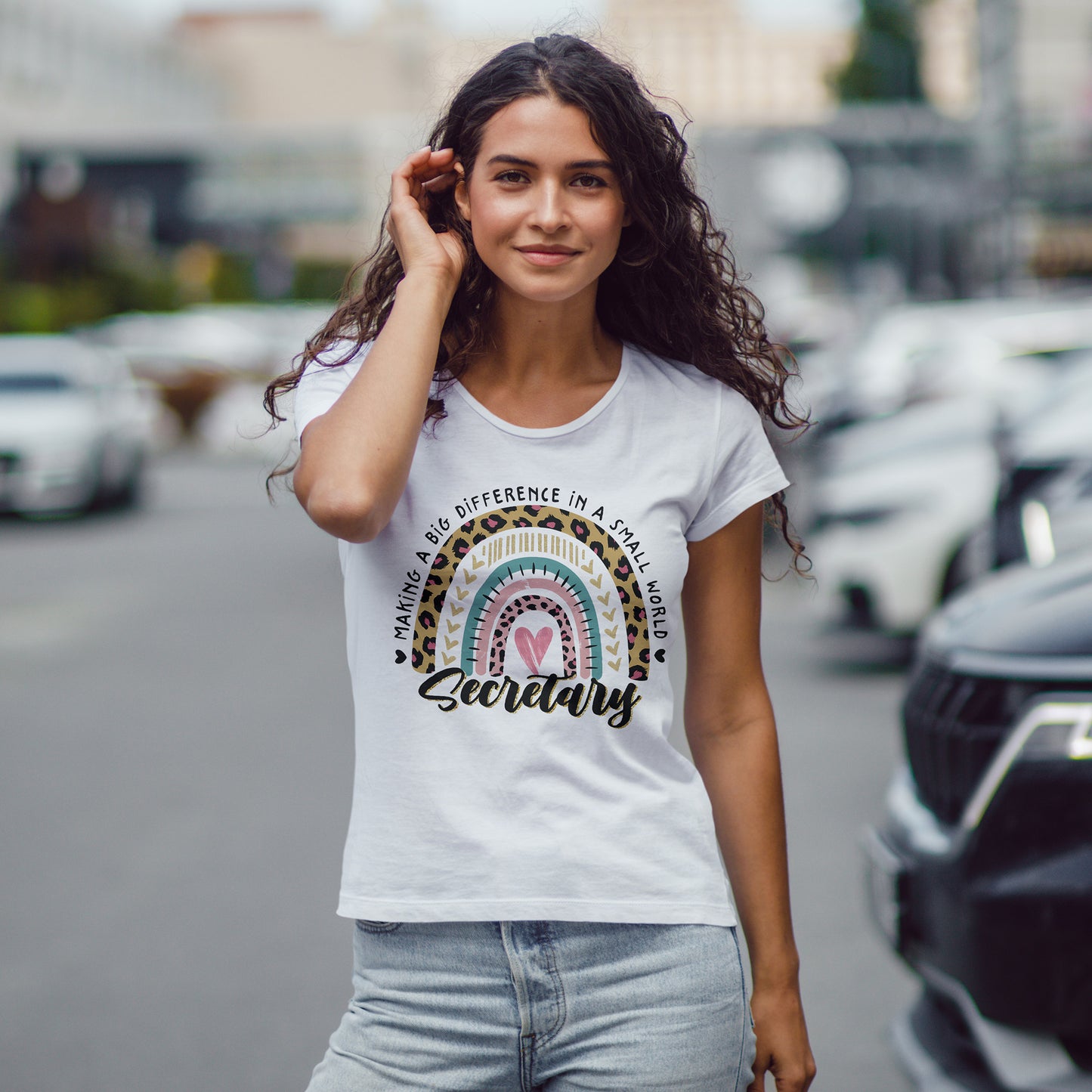 Secretary Rainbow Shirt - Cute Leopard Print Office Tee for Secretaries, Glam Animal Print Heart Gift, Boho Office Assistant T-Shirt