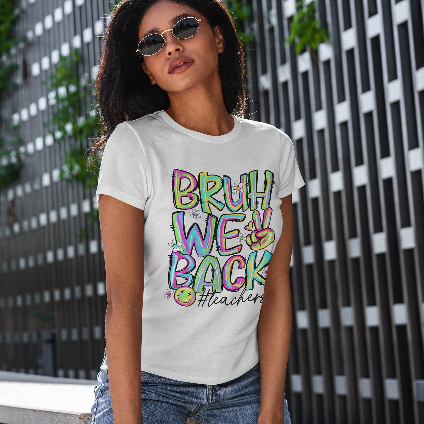 Bruh We Back Teacher T-Shirt | Funny Groovy Rainbow Back to School Tee