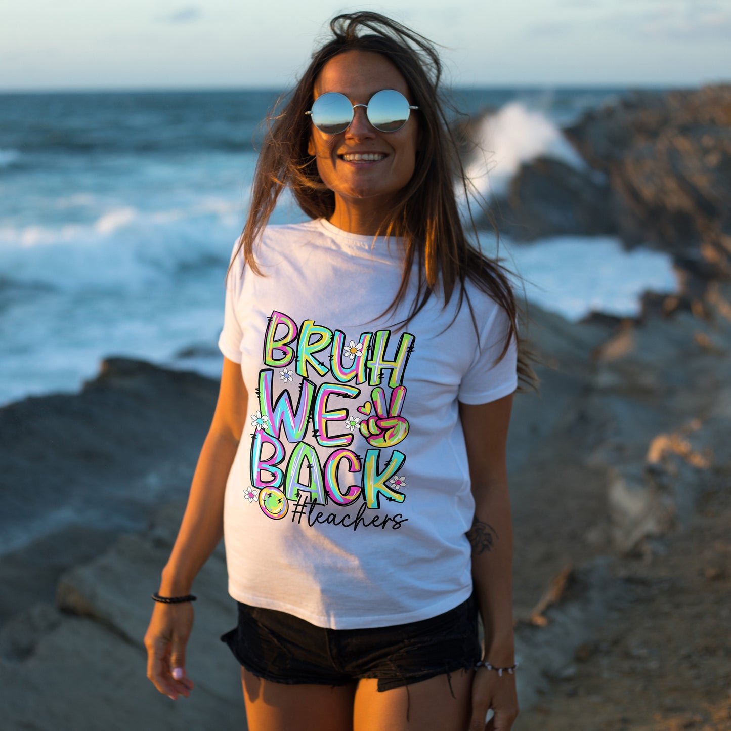 Bruh We Back Teacher T-Shirt | Funny Groovy Rainbow Back to School Tee