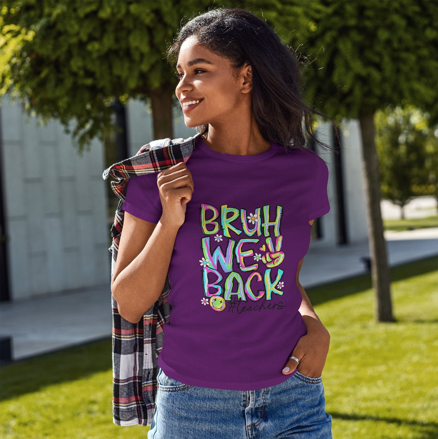 Bruh We Back Teacher T-Shirt | Funny Groovy Rainbow Back to School Tee