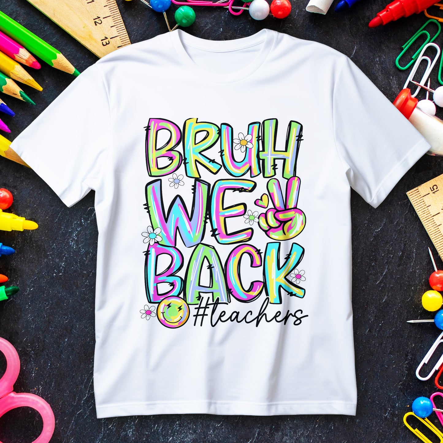 bruh we back teacher t-shirt, funny groovy rainbow back to school tee