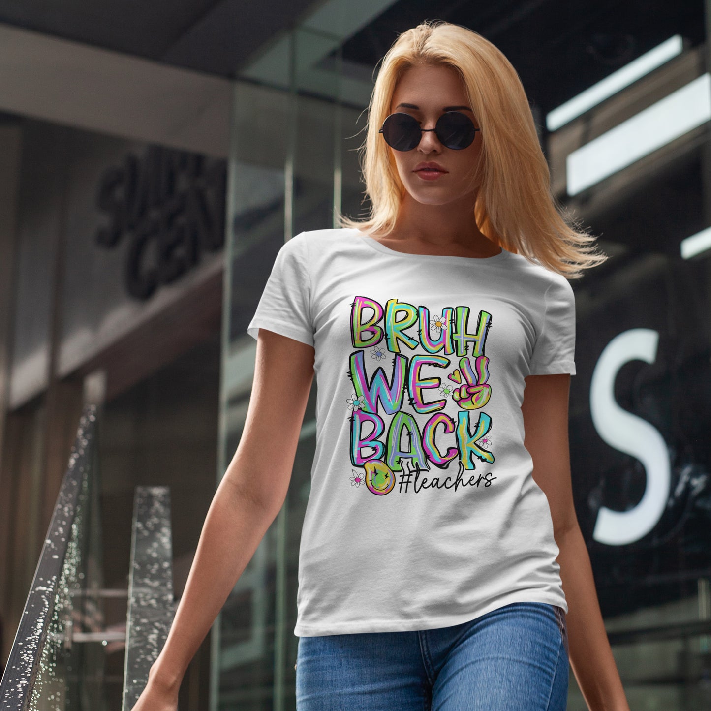 Bruh We Back Teacher T-Shirt | Funny Groovy Rainbow Back to School Tee