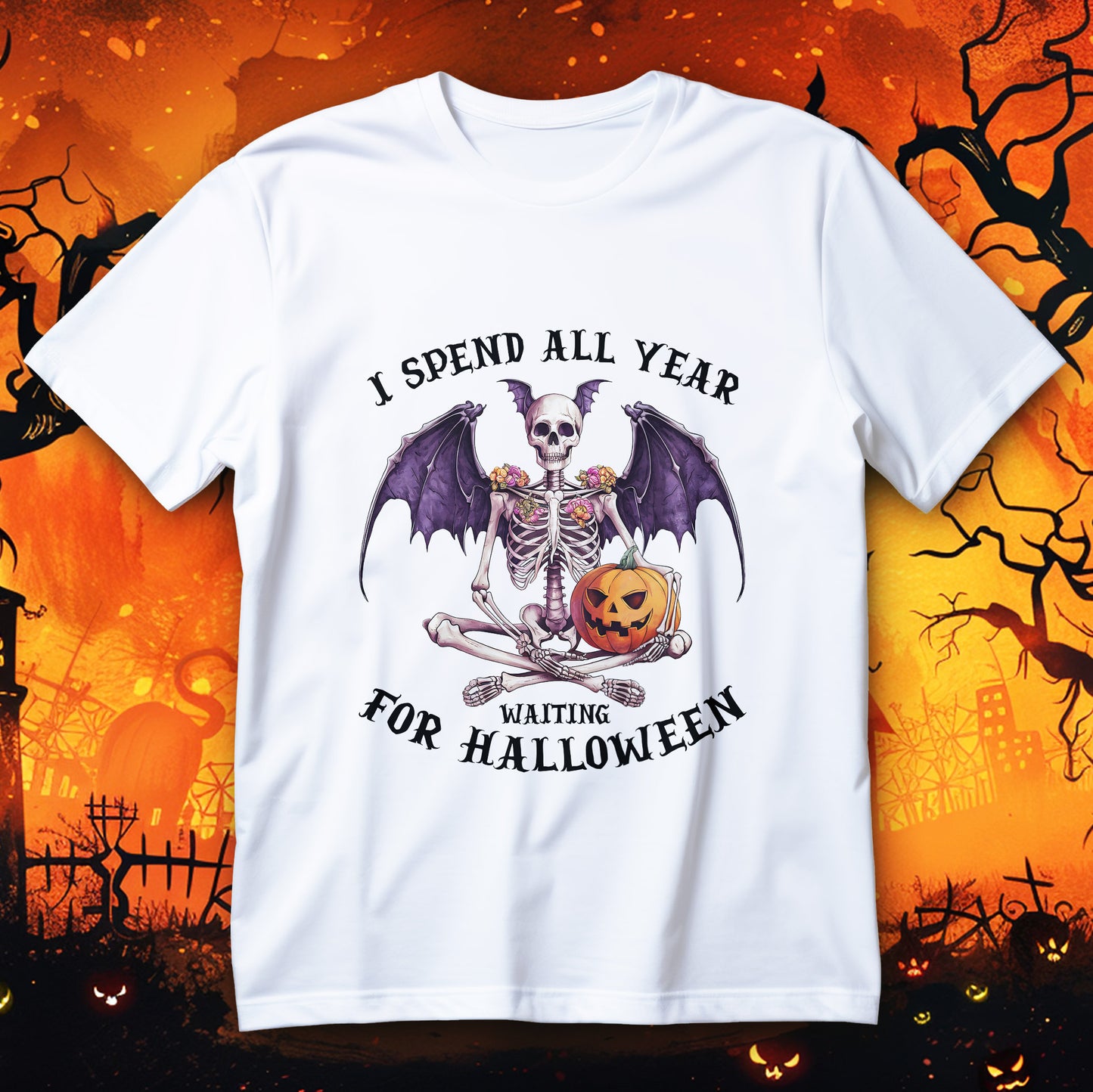 bat wing skeleton with pumpkin t-shirt - gothic halloween jack o' lantern graphic