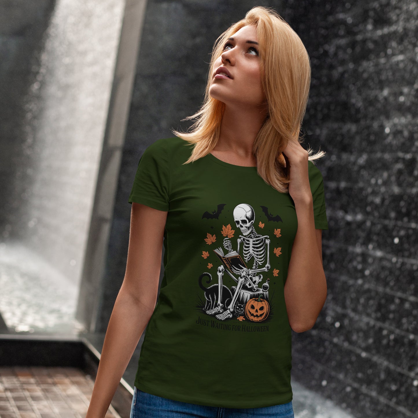Just Waiting for Halloween T-Shirt - Cozy Spooky Skeleton Reading Tee