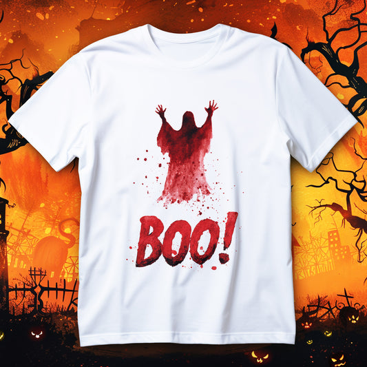 boo ghost halloween t-shirt - red spirit with blood splatter and boo text