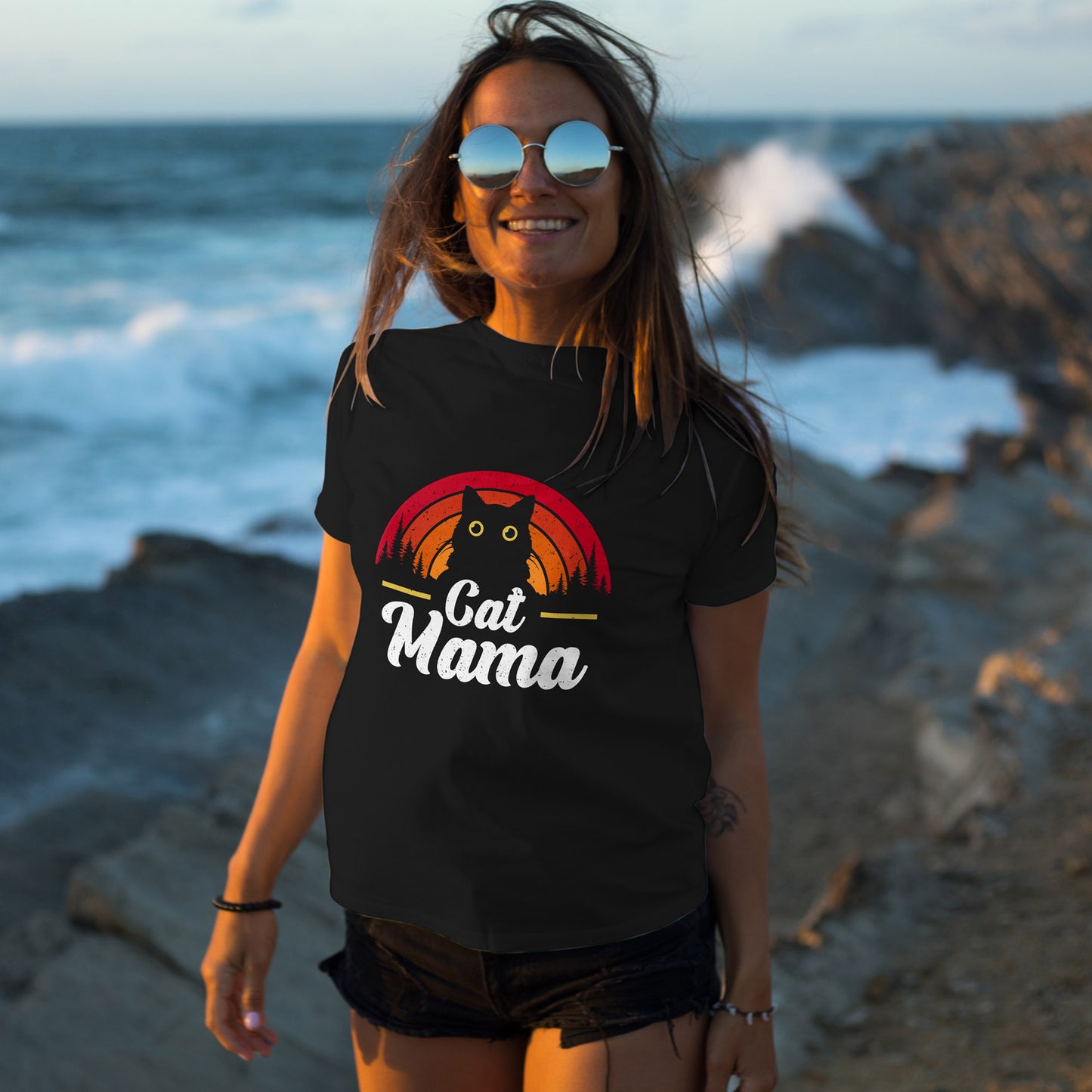 Cat Mama T-Shirt - Retro Sunset Cat Mom Tee