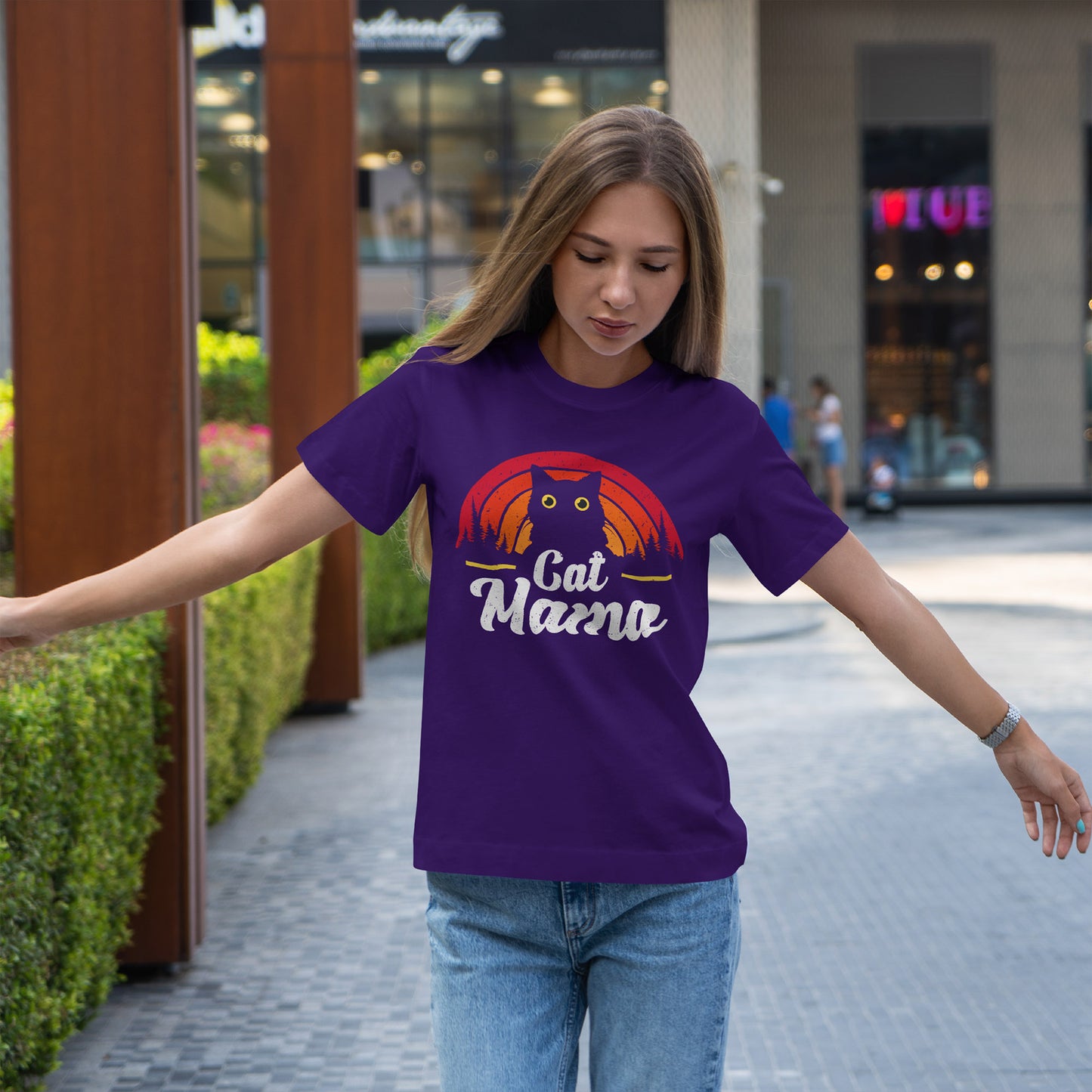Cat Mama T-Shirt - Retro Sunset Cat Mom Tee