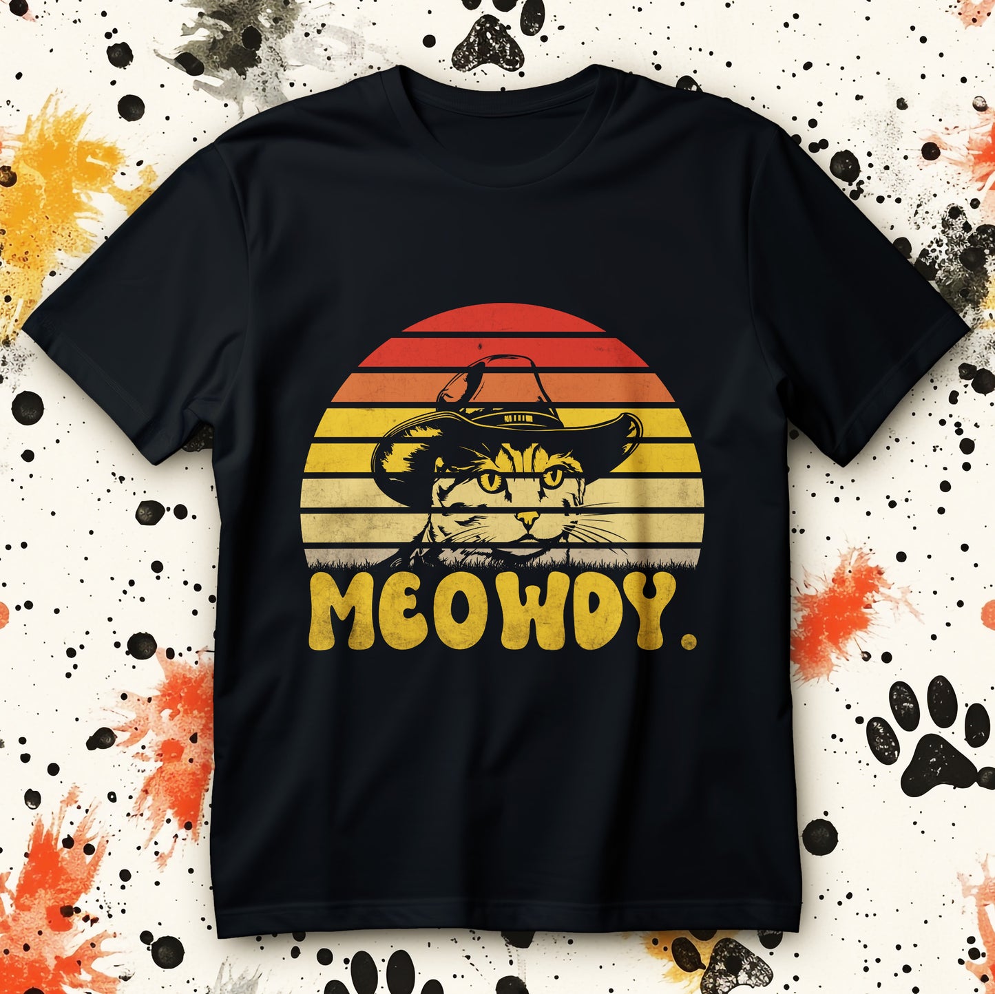 meowdy cowboy cat t-shirt - retro sunset western cat graphic