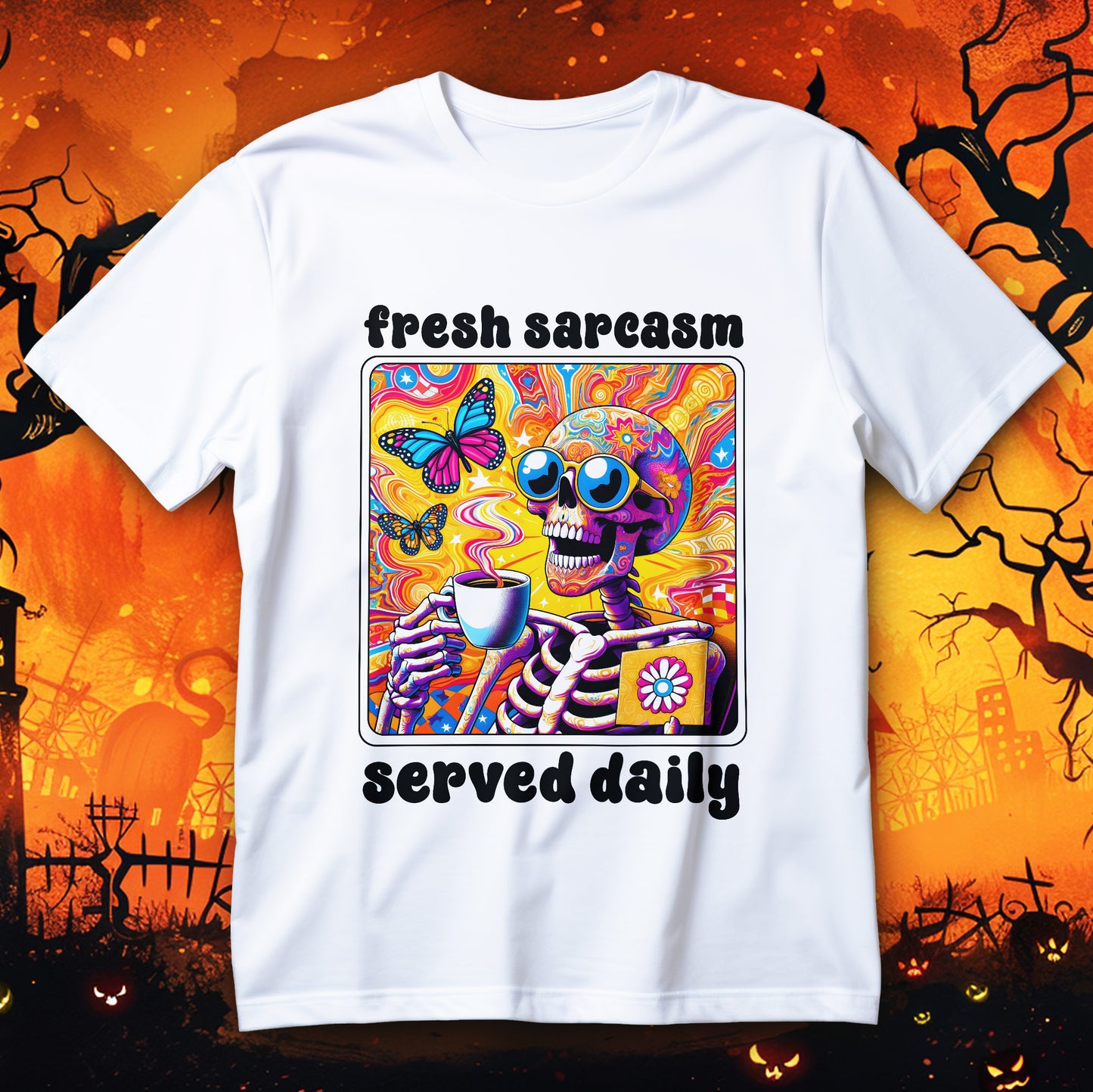 Psychedelic Coffee Skeleton T-Shirt - Trippy Boho Butterfly Tee