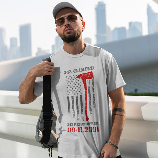 343 Climbed 343 Remembered T-Shirt - Firefighter 9/11 Memorial Tee