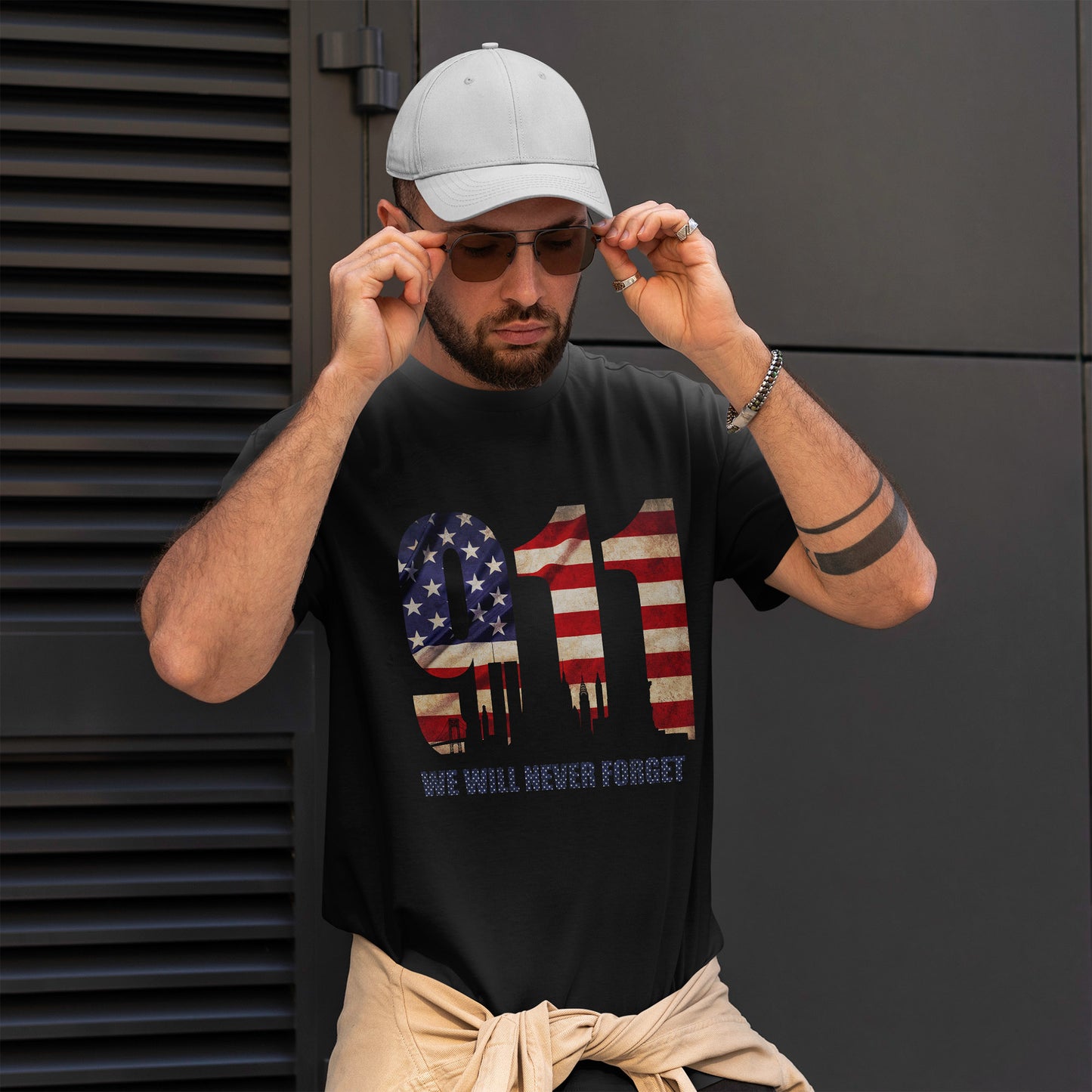 9/11 Memorial Shirt - American Flag NYC Skyline - We Will Never Forget Tribute T-Shirt
