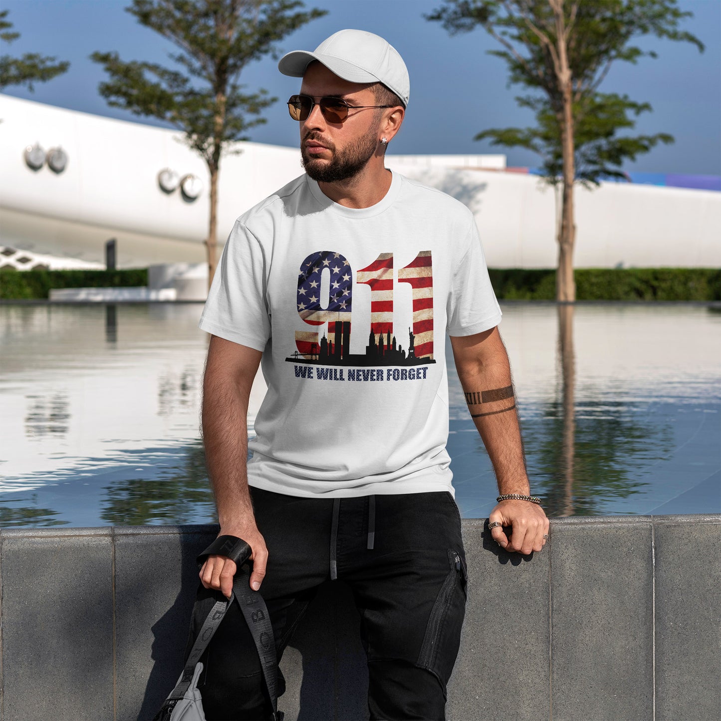 9/11 Memorial Shirt - American Flag NYC Skyline - We Will Never Forget Tribute T-Shirt