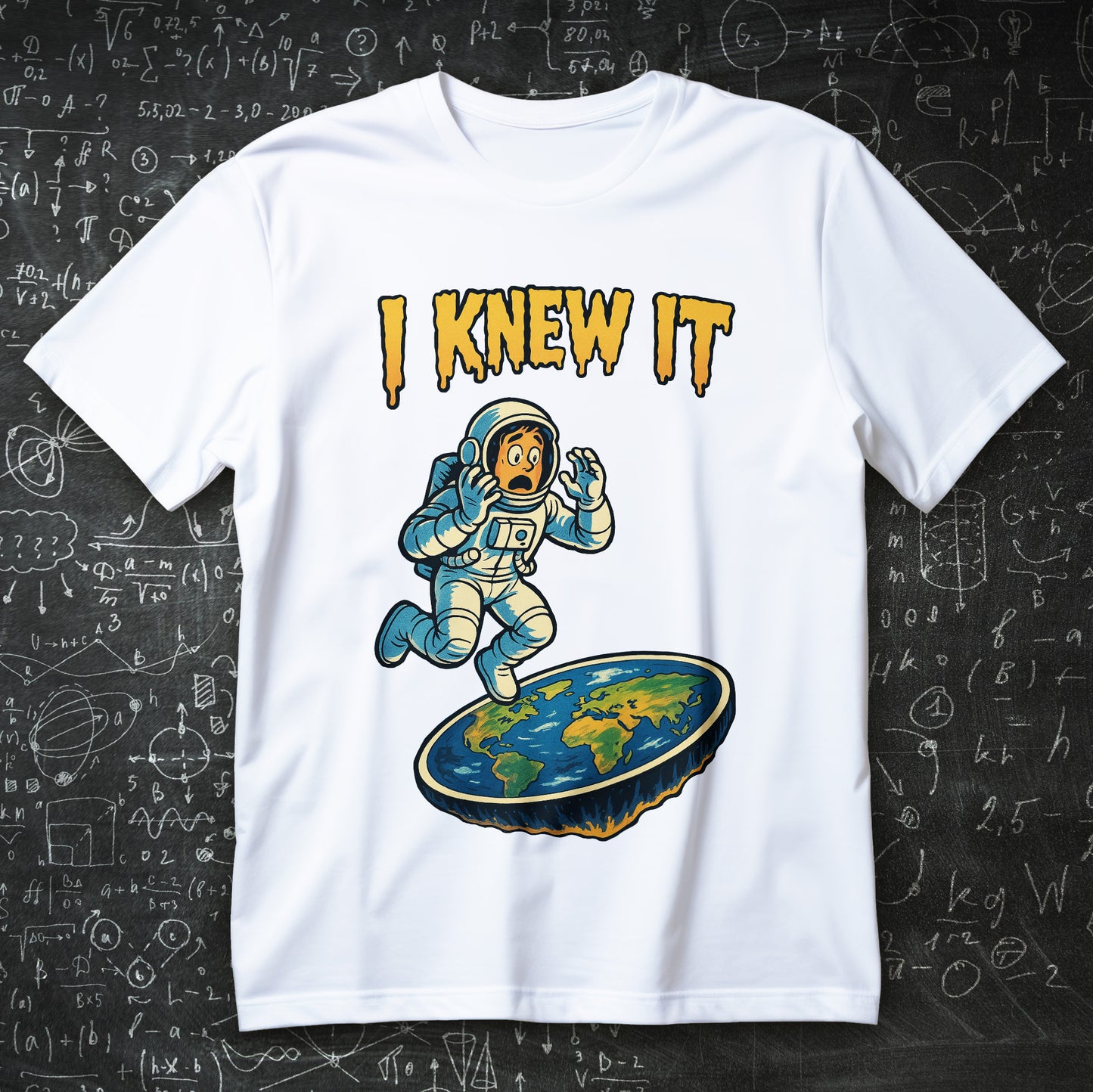 funny flat earth shirt with shocked astronaut cartoon