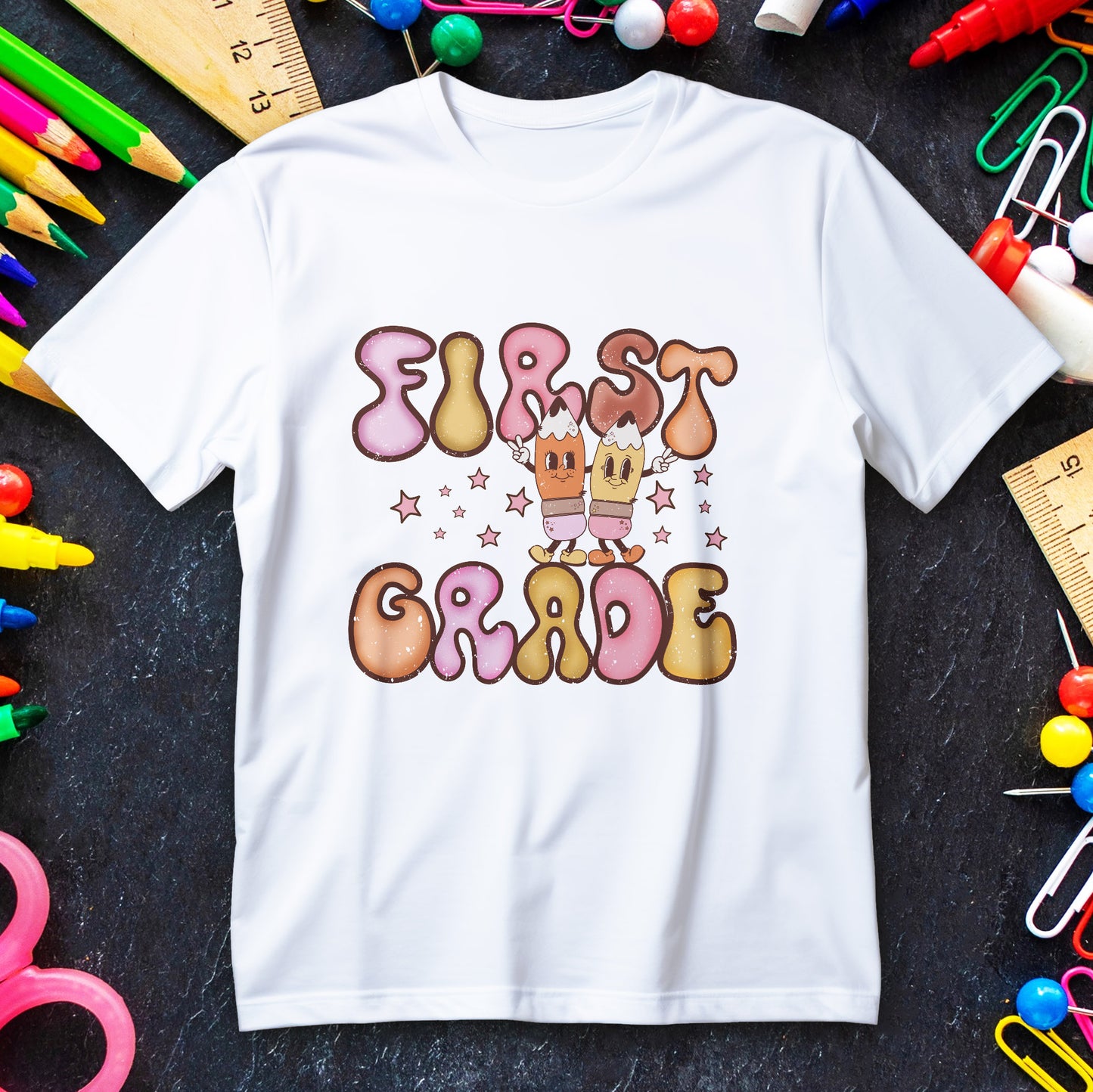 first grade bubble letters t-shirt, pastel kawaii back to school kids tee with pencil pals