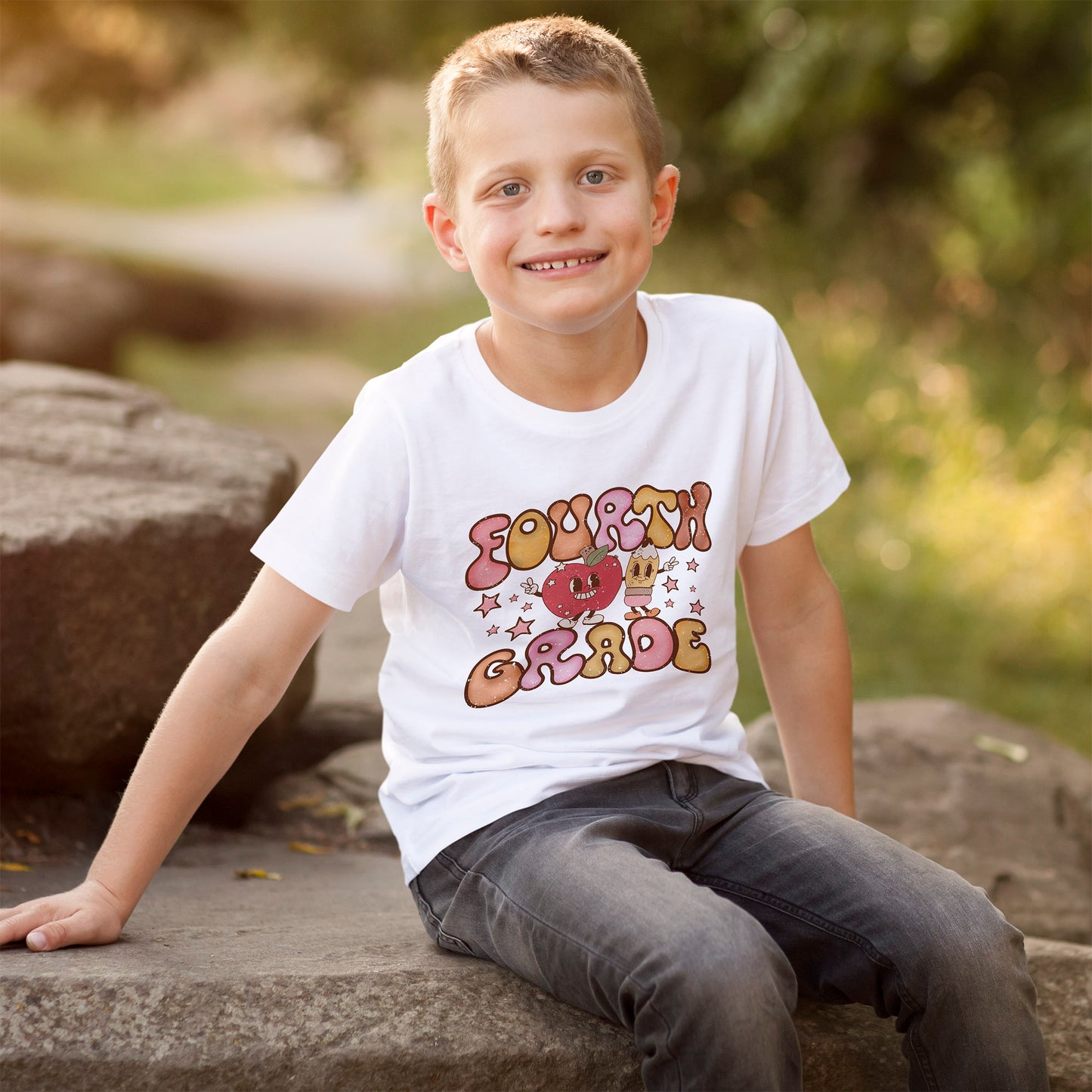 Fourth Grade Bubble Letters T-Shirt | Retro Kawaii Back to School Kids Tee