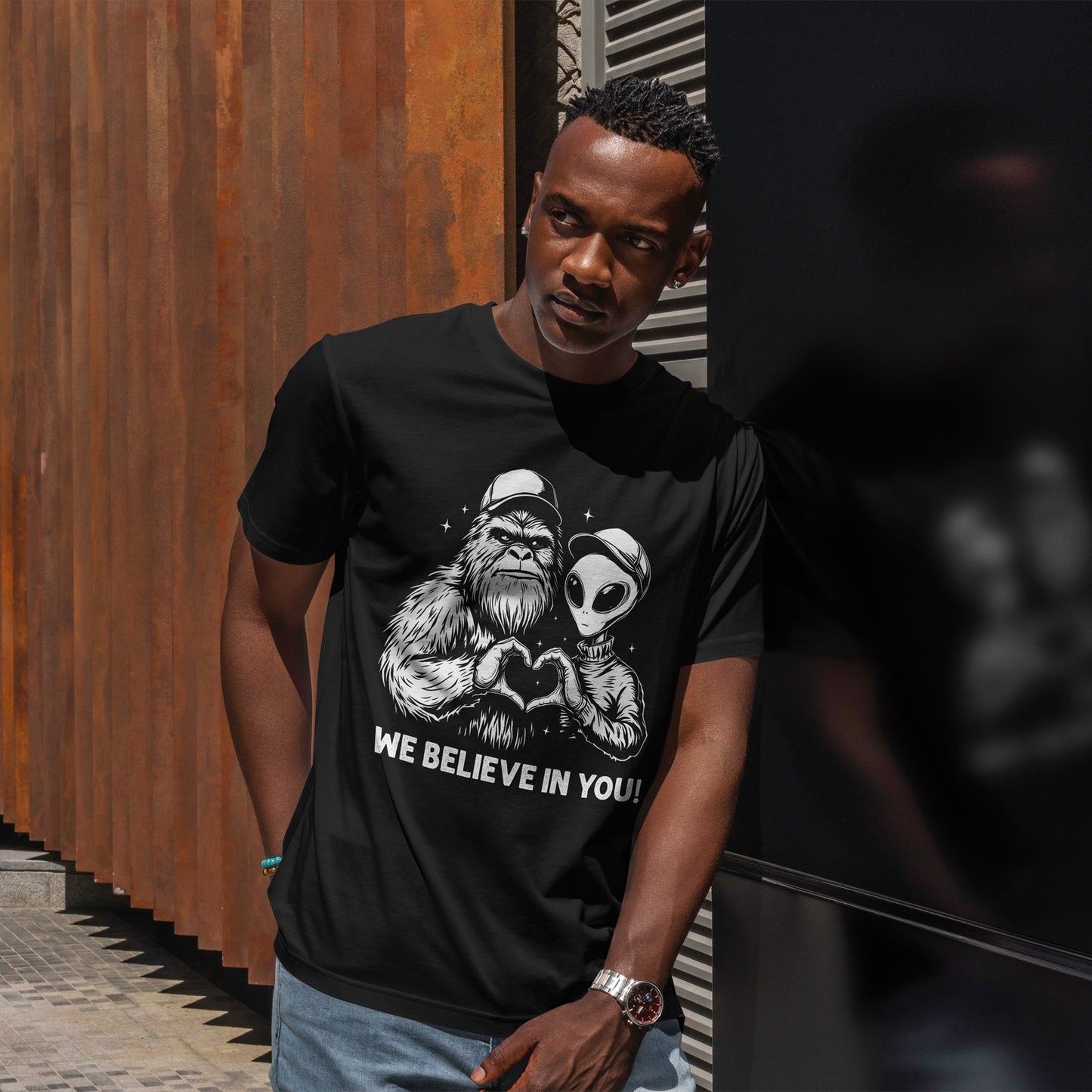 We Believe In You T-Shirt - Bigfoot & Alien Heart Hands Tee