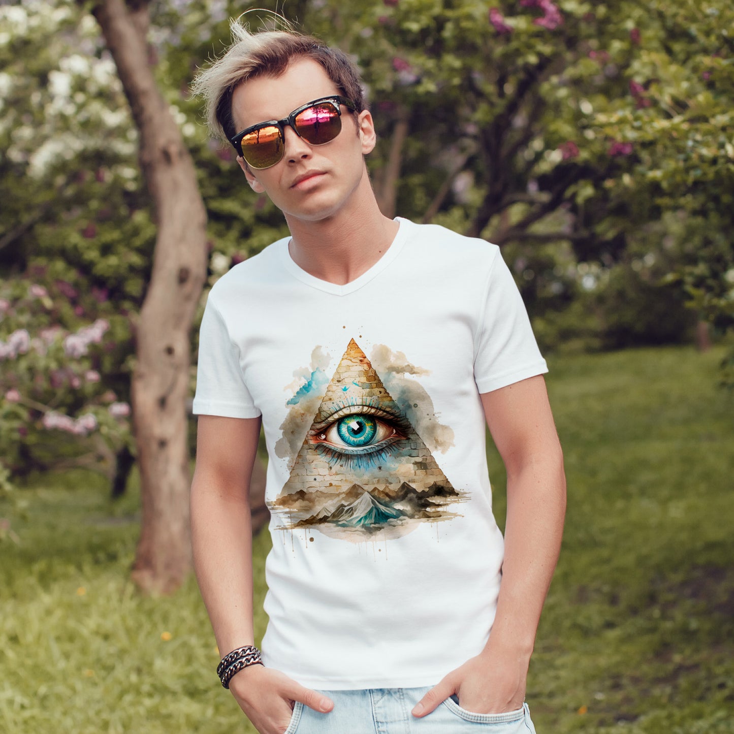 All-Seeing Eye Pyramid T-Shirt - Watercolor Illuminati Aesthetic Tee