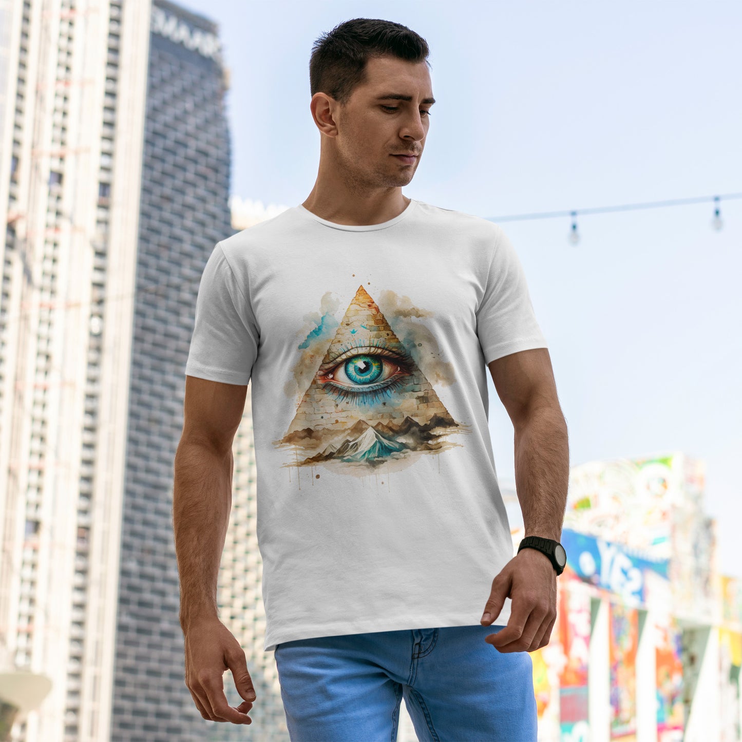 All-Seeing Eye Pyramid T-Shirt - Watercolor Illuminati Aesthetic Tee