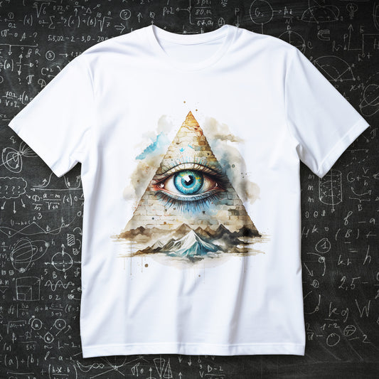all seeing eye pyramid t-shirt - watercolor illuminati aesthetic with eye in clouds and mountain