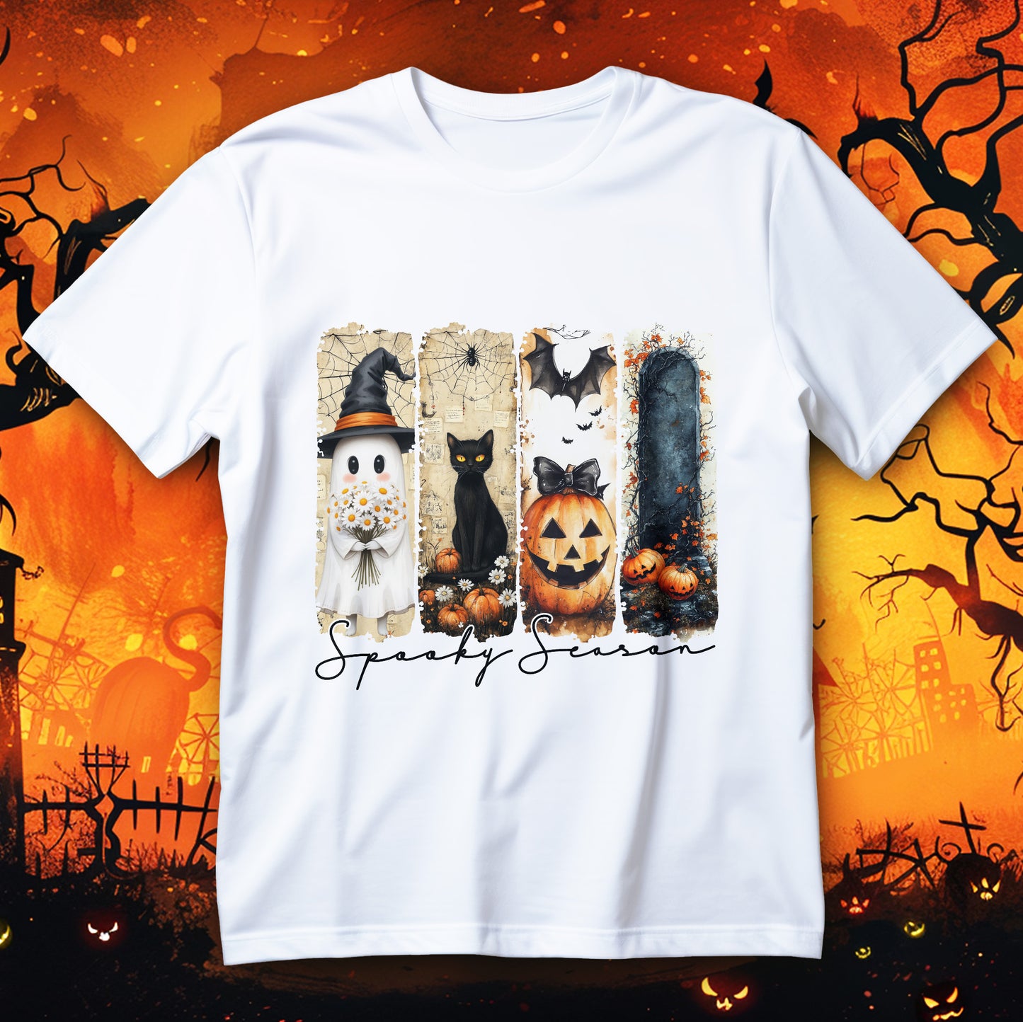Vintage panel Halloween T-shirt with ghost, black cat, jack-o’-lantern and bats