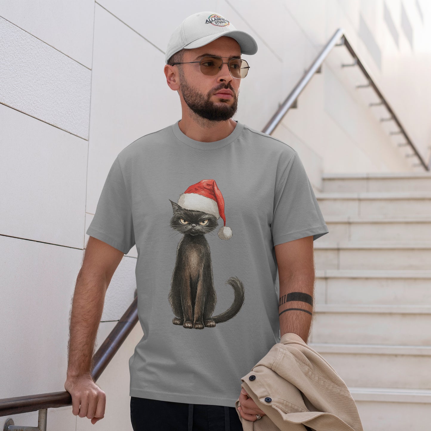Black Cat Santa Hat Christmas Shirt - Grumpy Holiday Cat Tee