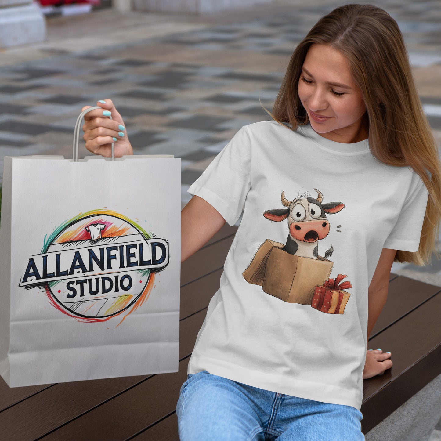 Cow in a Gift Box Christmas T-Shirt - Funny Christmas Surprise Moo Tee