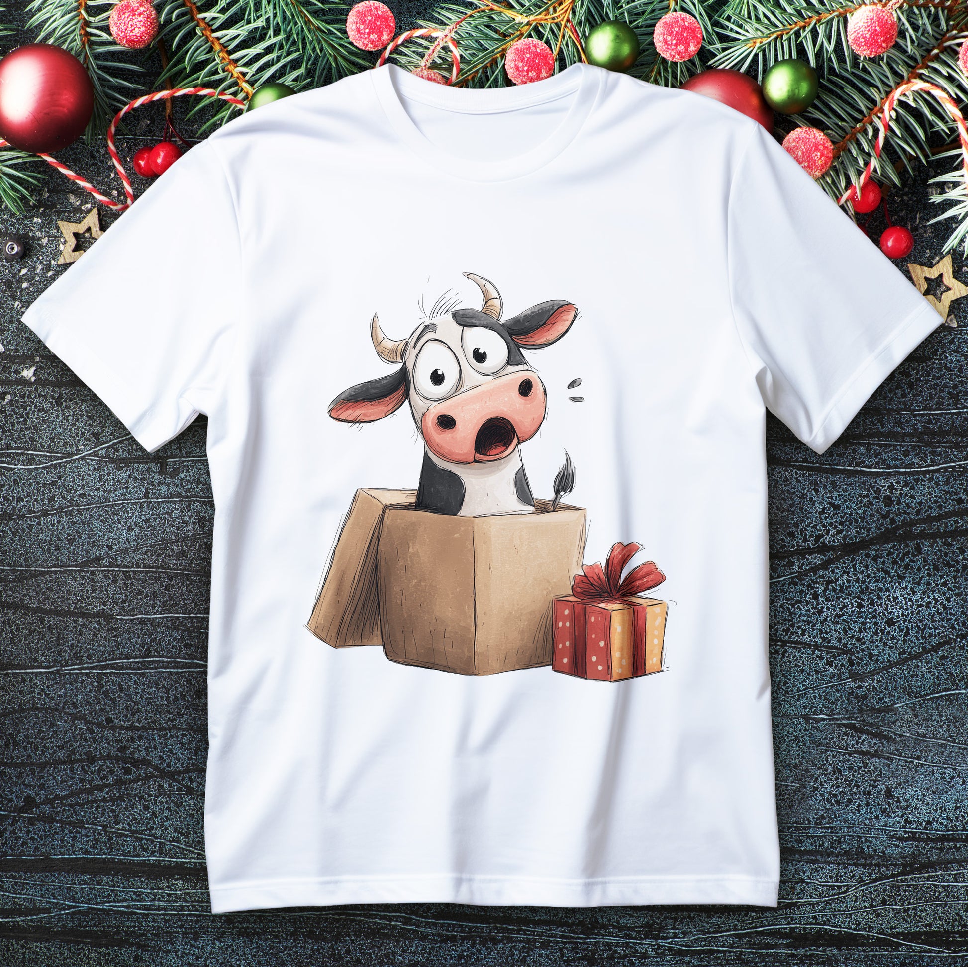 Cartoon cow popping from kraft gift box with big red bow on Christmas T-shirt